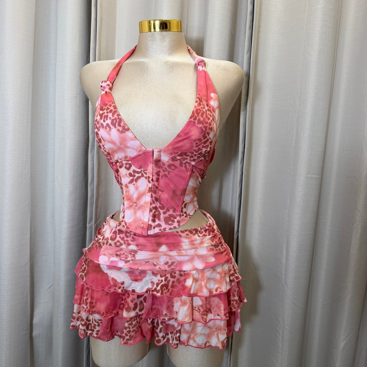 Halter Pink Corset Skirt Set-Pink