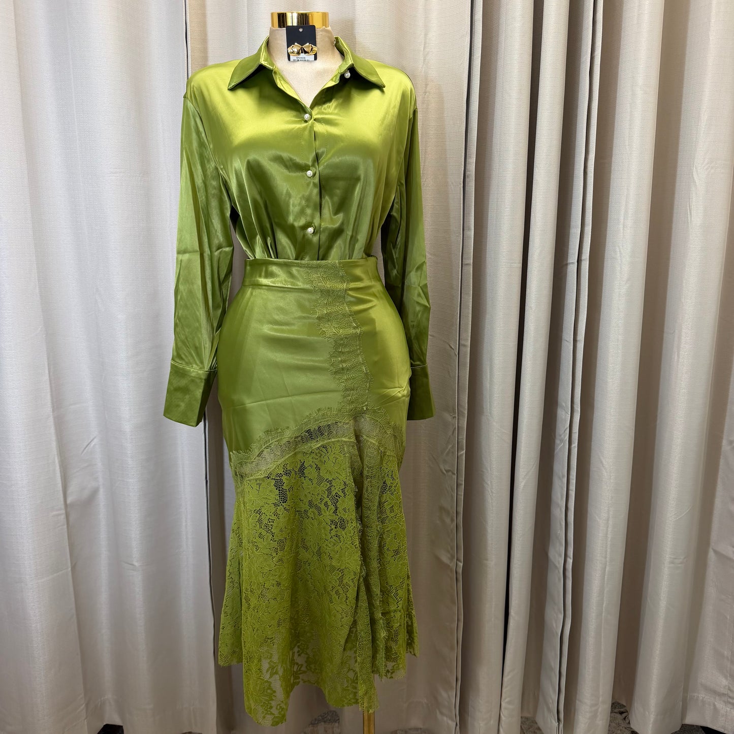 Satin Long Sleeve Top with Lace Skirt-Sage Green/Olive