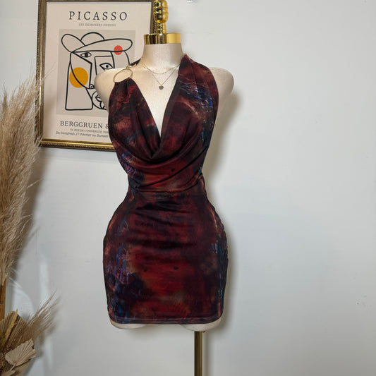 Cowl Halter Mesh Dress-Red Multi1