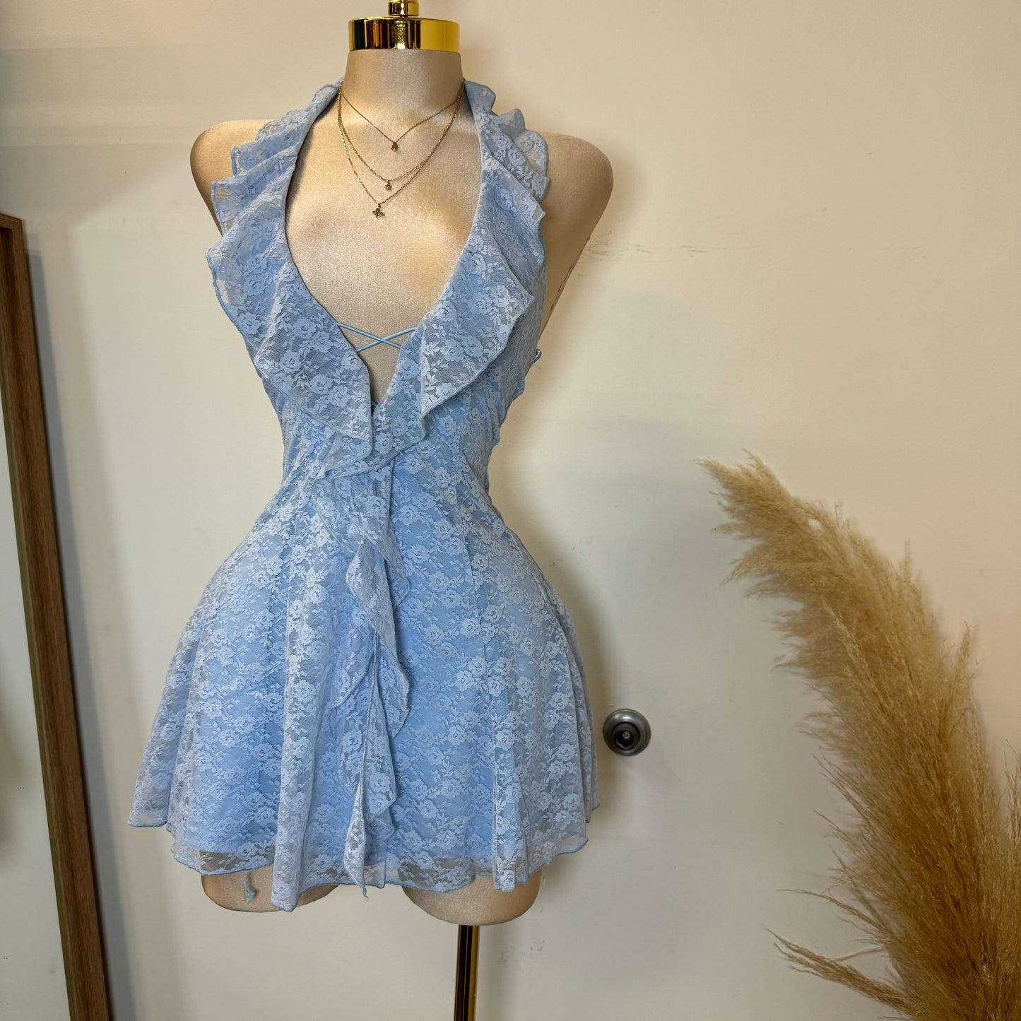 Amy Lace Halter Dress-Baby Blue