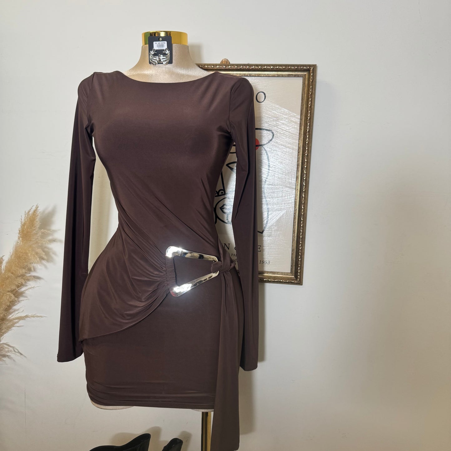 Long sleeve Drape Mini Dress-Brown