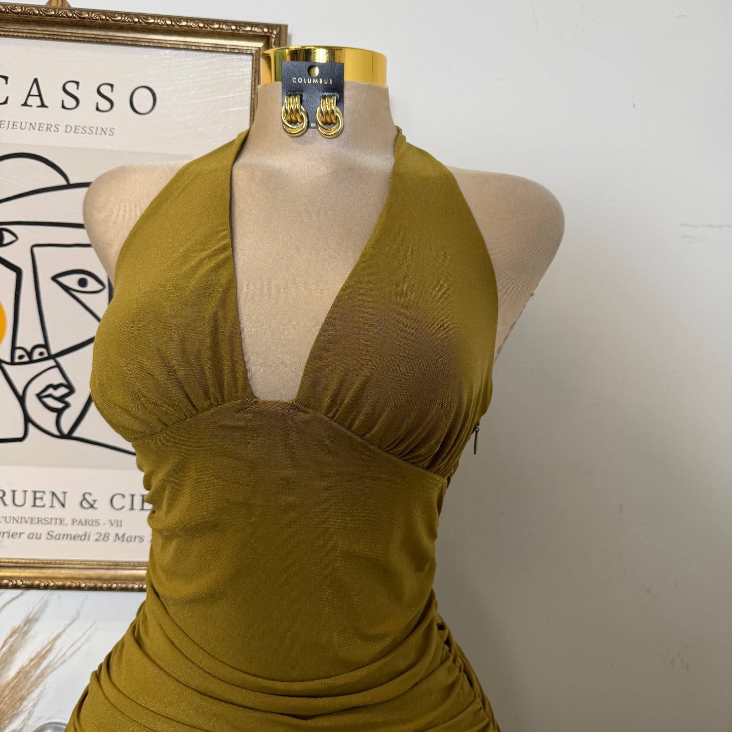 Halter Neck Ruched Waist Asymmetrical Hem Mini Dress-Marigold