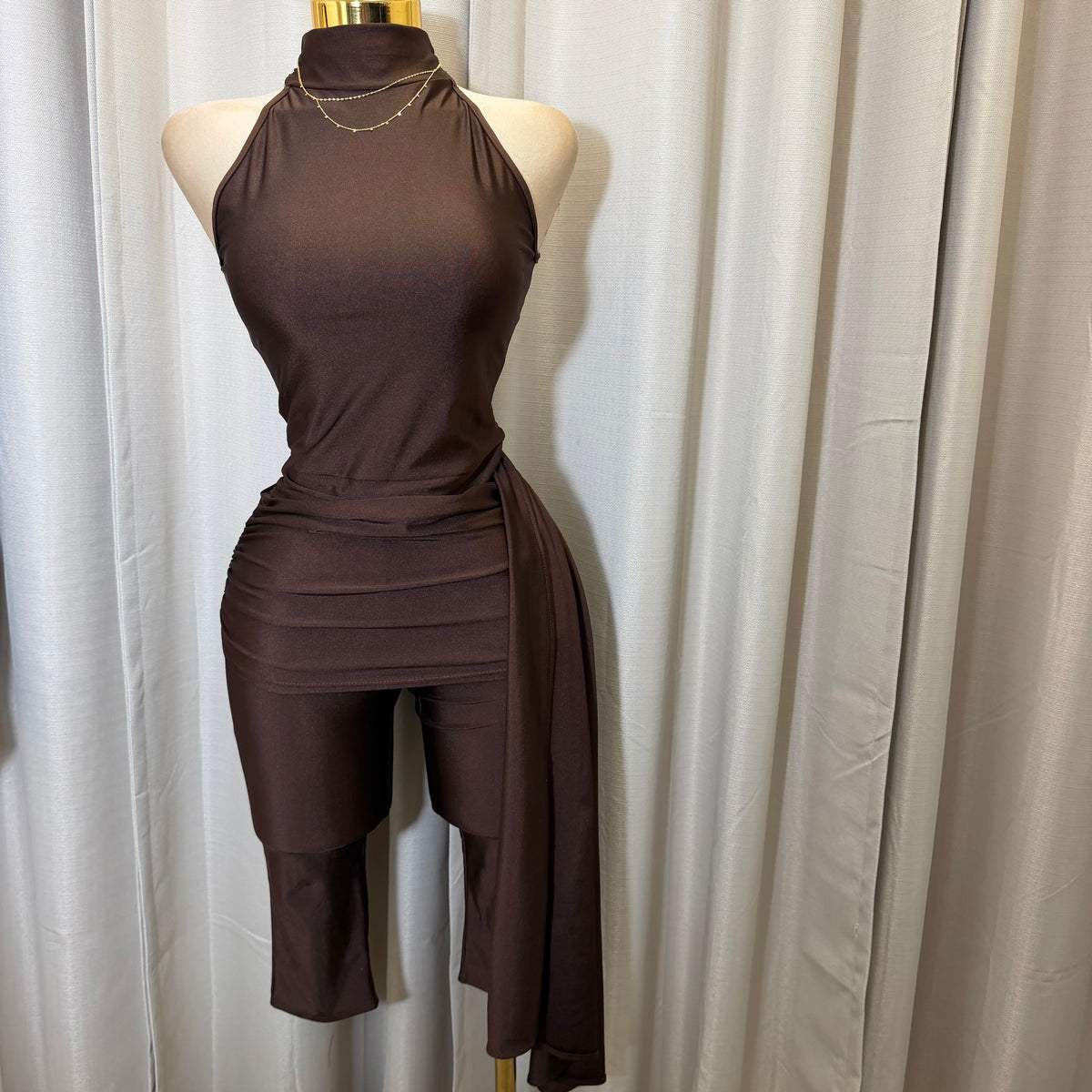 Mock Neck Capri Jumpsuit-Brown