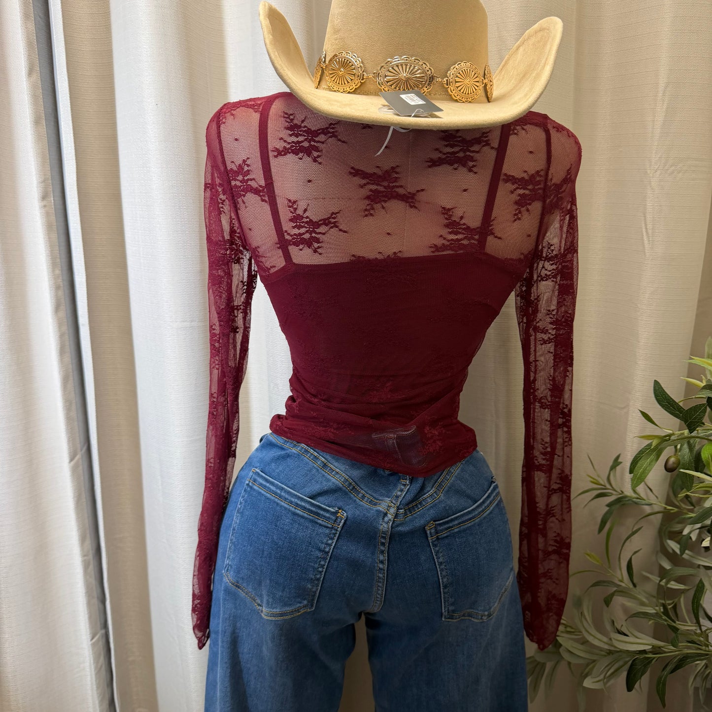 Lace Two Piece Long sleeve lace Top-Burgundy