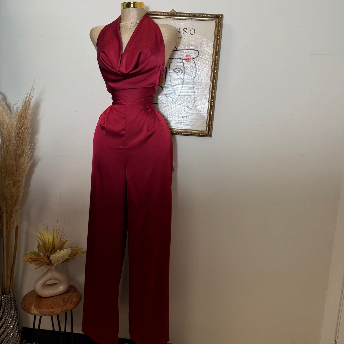 Cowl Halter Neck Wide Leg Jumpsuit-Red