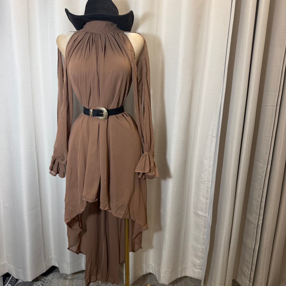 High Low Mock Neck Chiffon Maxi Dress-Brown
