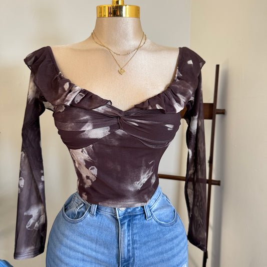 MESH PRINT RUFFLE OFF SHOULDER TWIST FRONT DETAIL LONG SLEEVE TOP