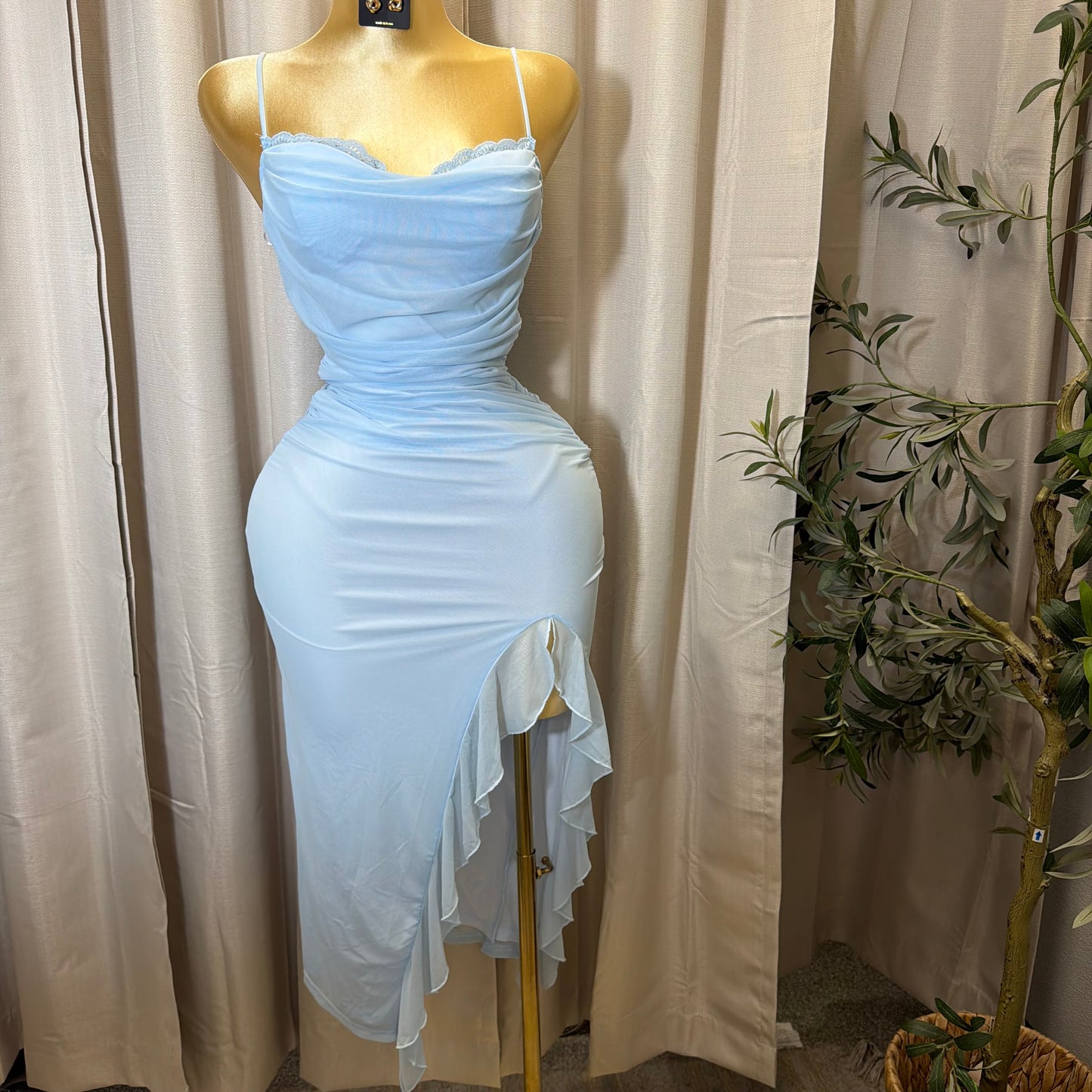 Mesh draped Slit Midi Dress-Baby Blue