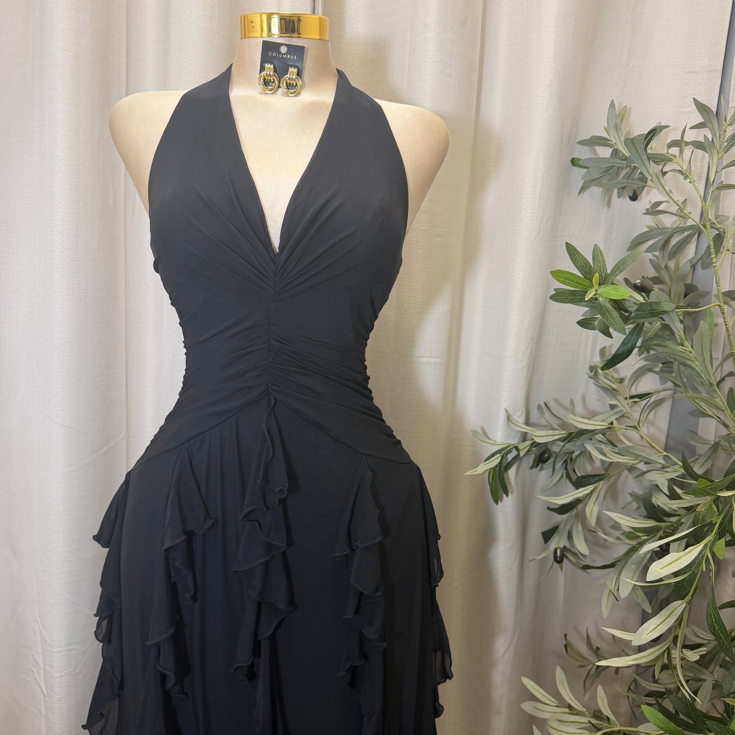 V-NECK HALTER CASCADE RUFFLE MAXI DRESS-Black