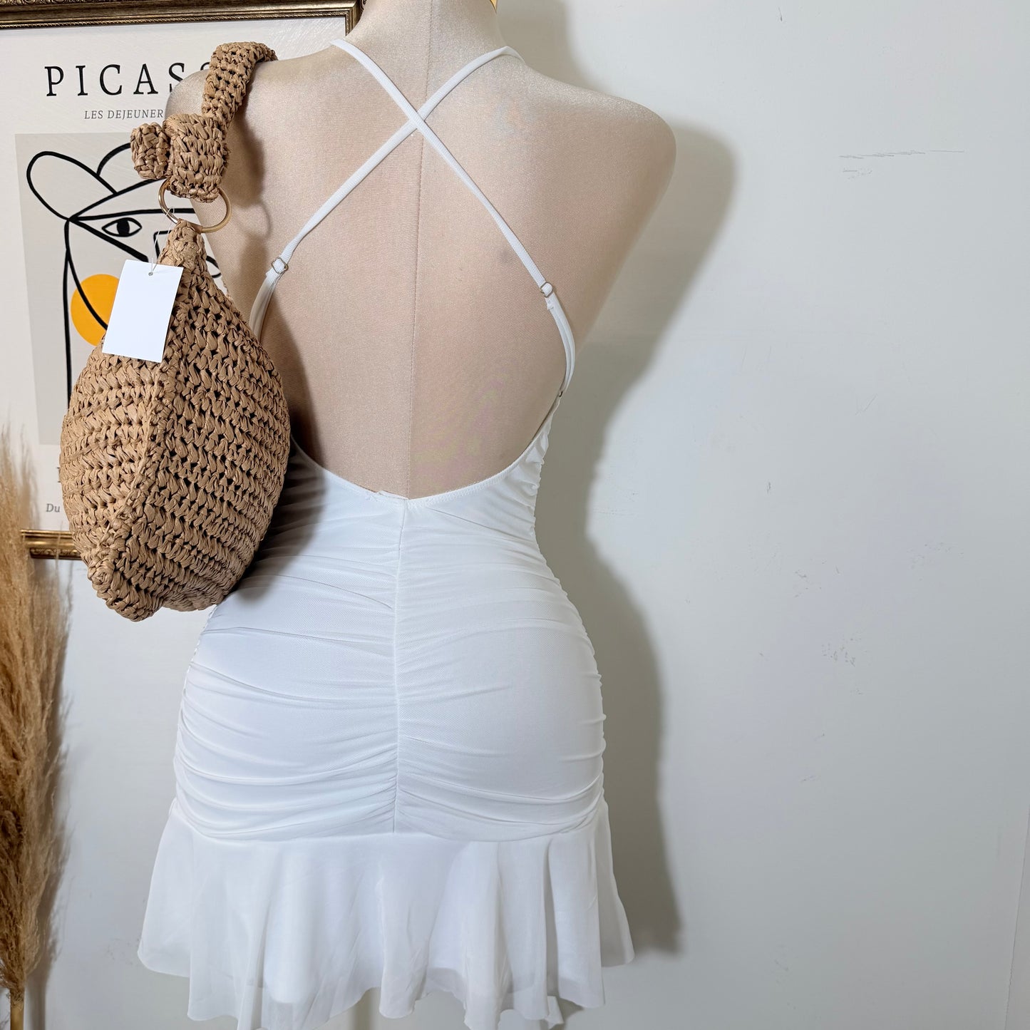 Asymmetrical Ruffle Mini Dress with Cross-Back Straps-White