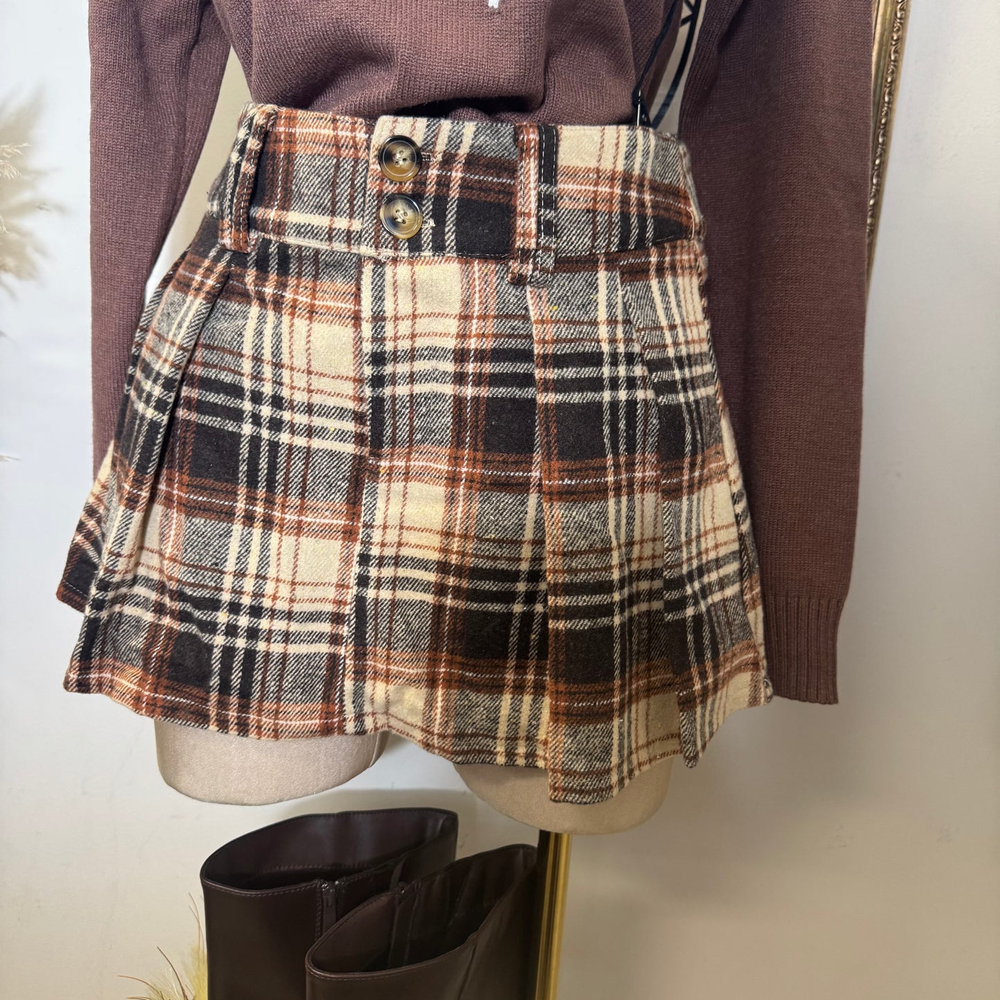Square Plaid Skort-Brown