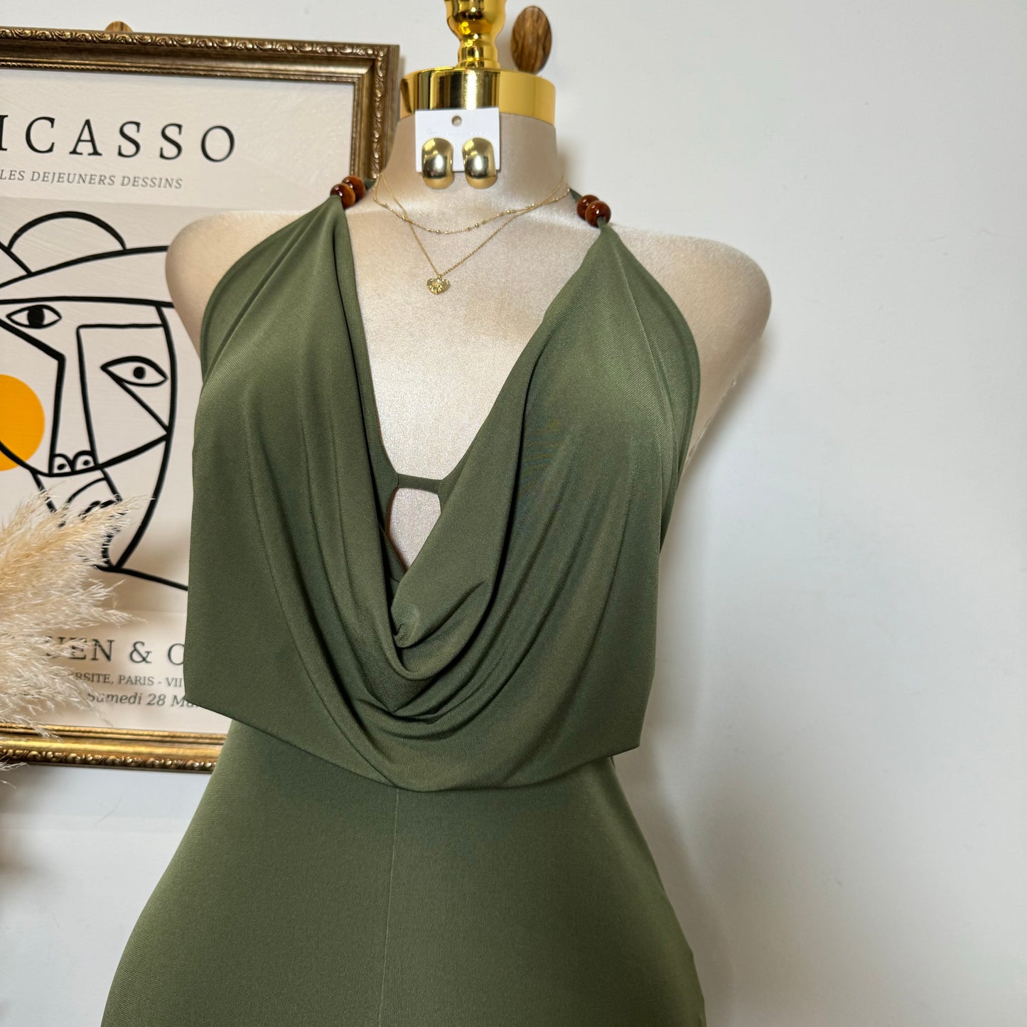 Bead Cowl Neck Halter Jumpsuit-Green