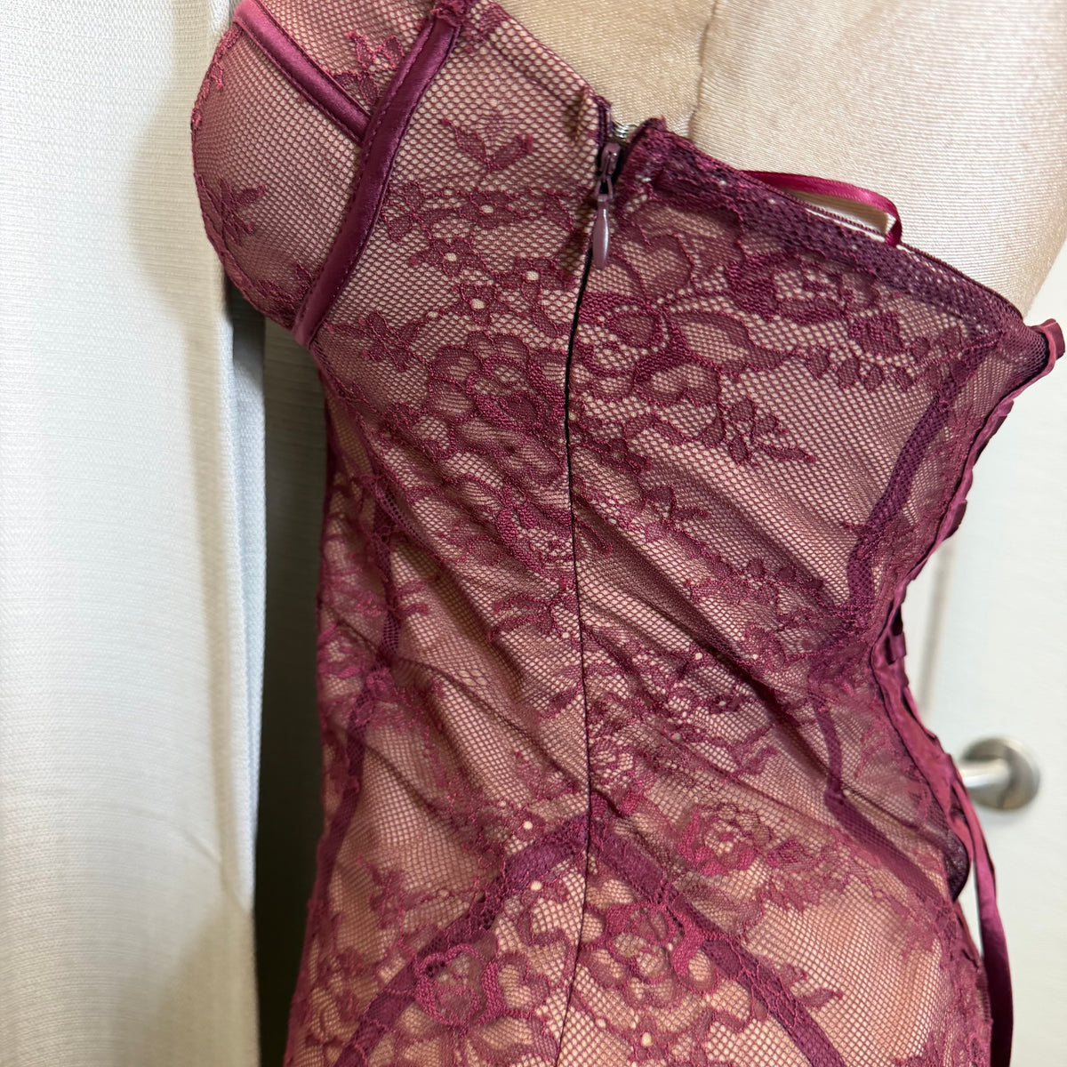 Lace with Strapping Detail Dress-Dark Cherry