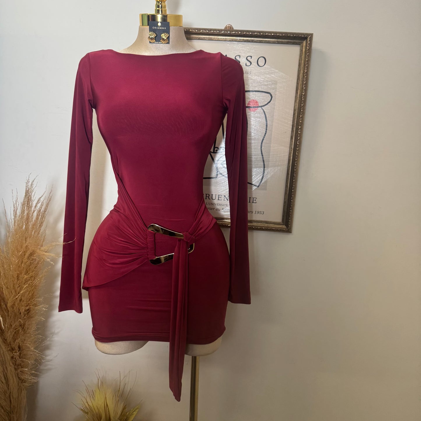 Long sleeve Drape Mini Dress-Burgundy