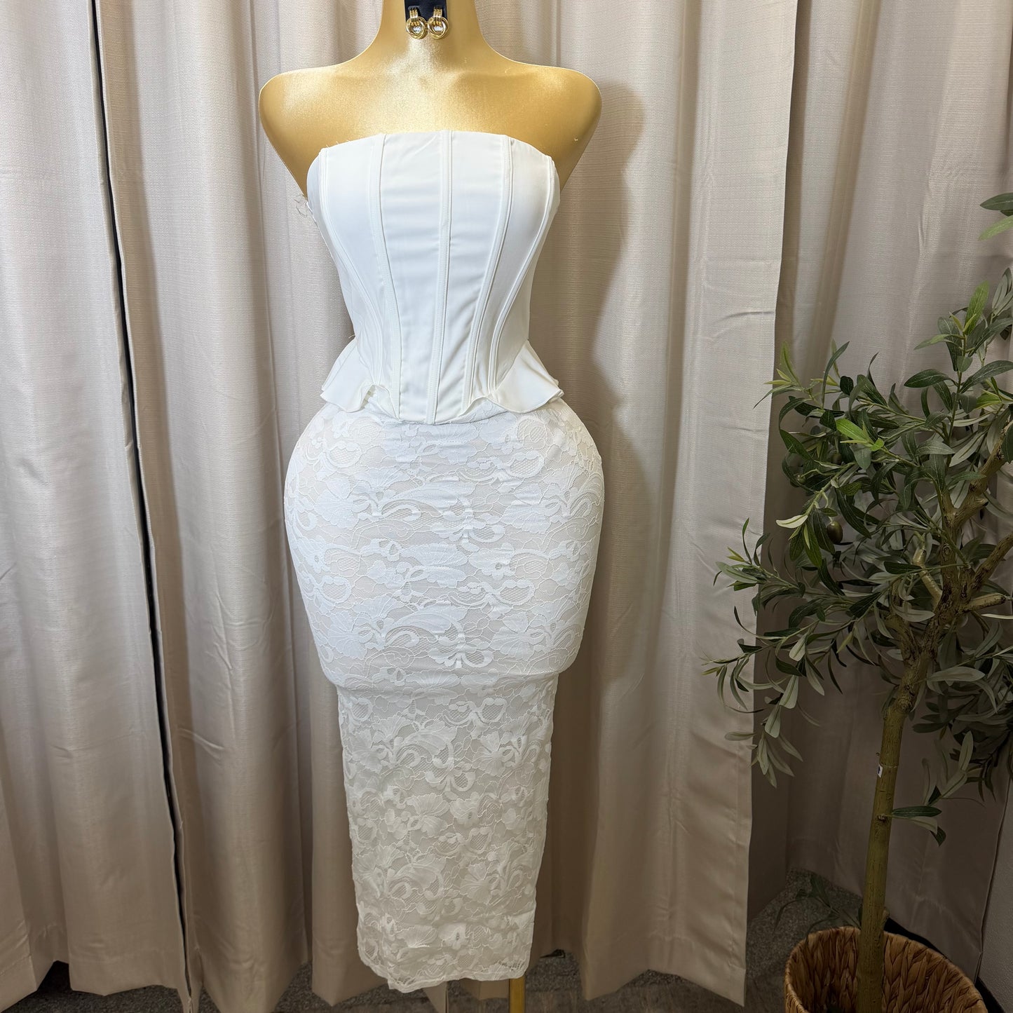 Strapless Corset Lace Midi Dress-White