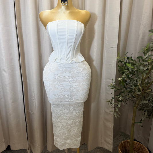 Strapless Corset Lace Midi Dress-White
