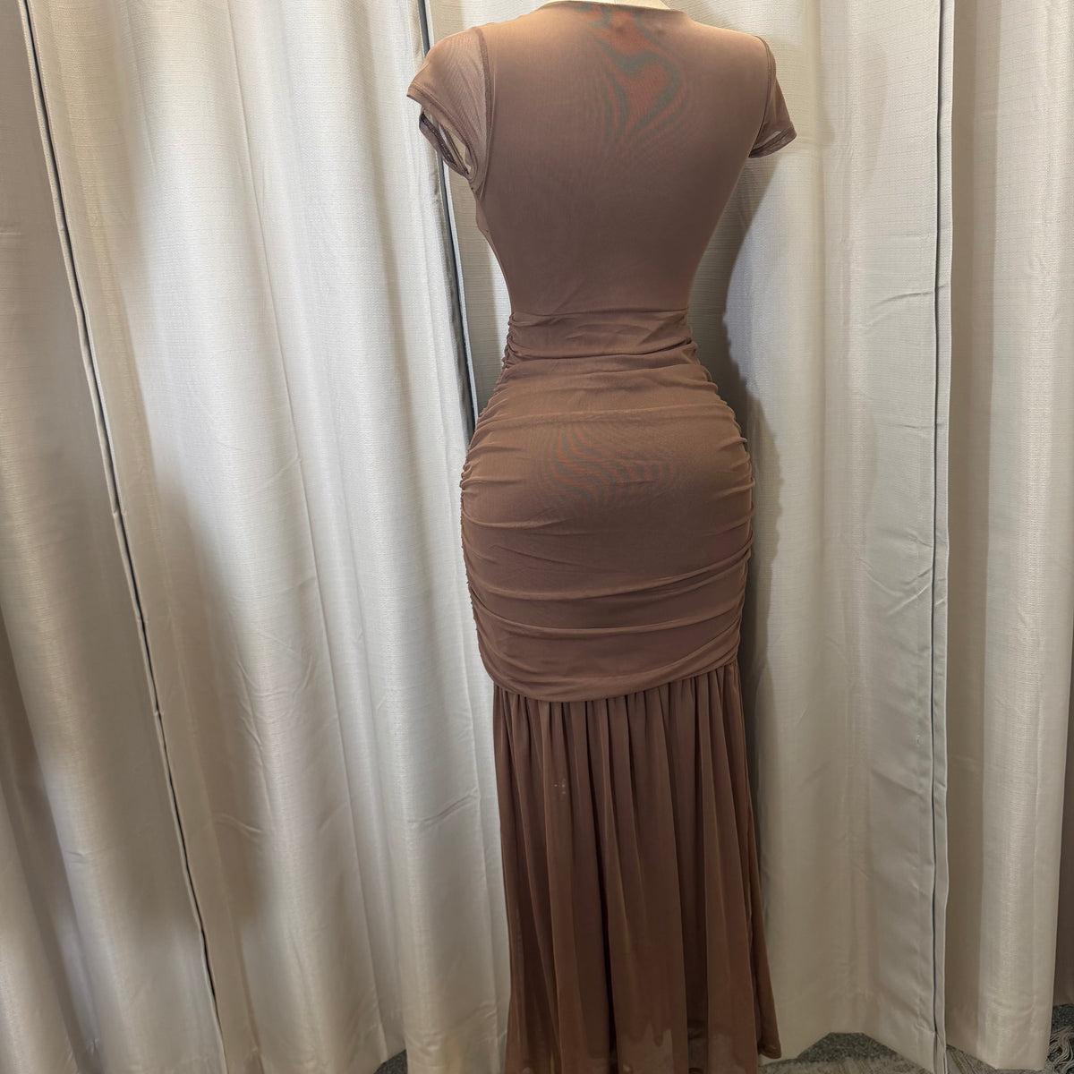 Short Sleeve Solid Mesh  Maxi Dress-Brown