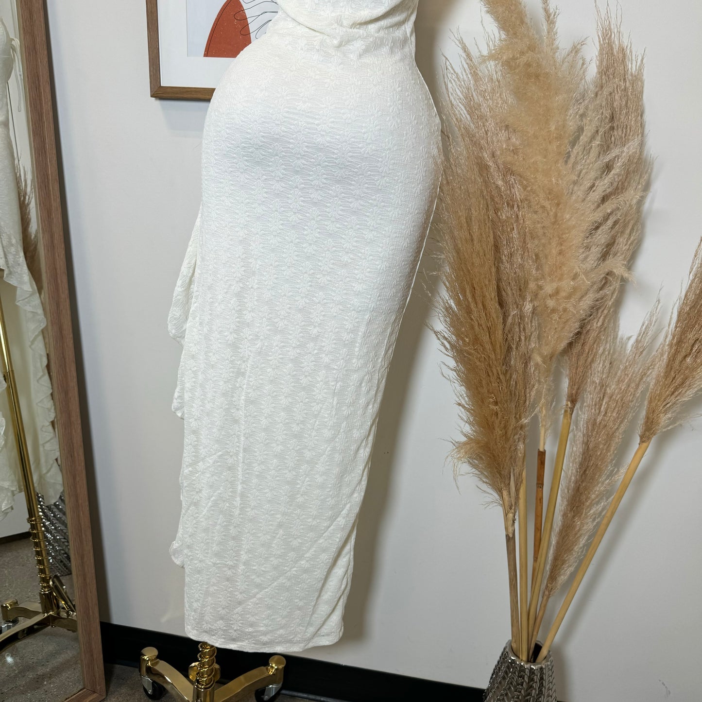 Daisy Asymmetric Skirt Midi Dress-White