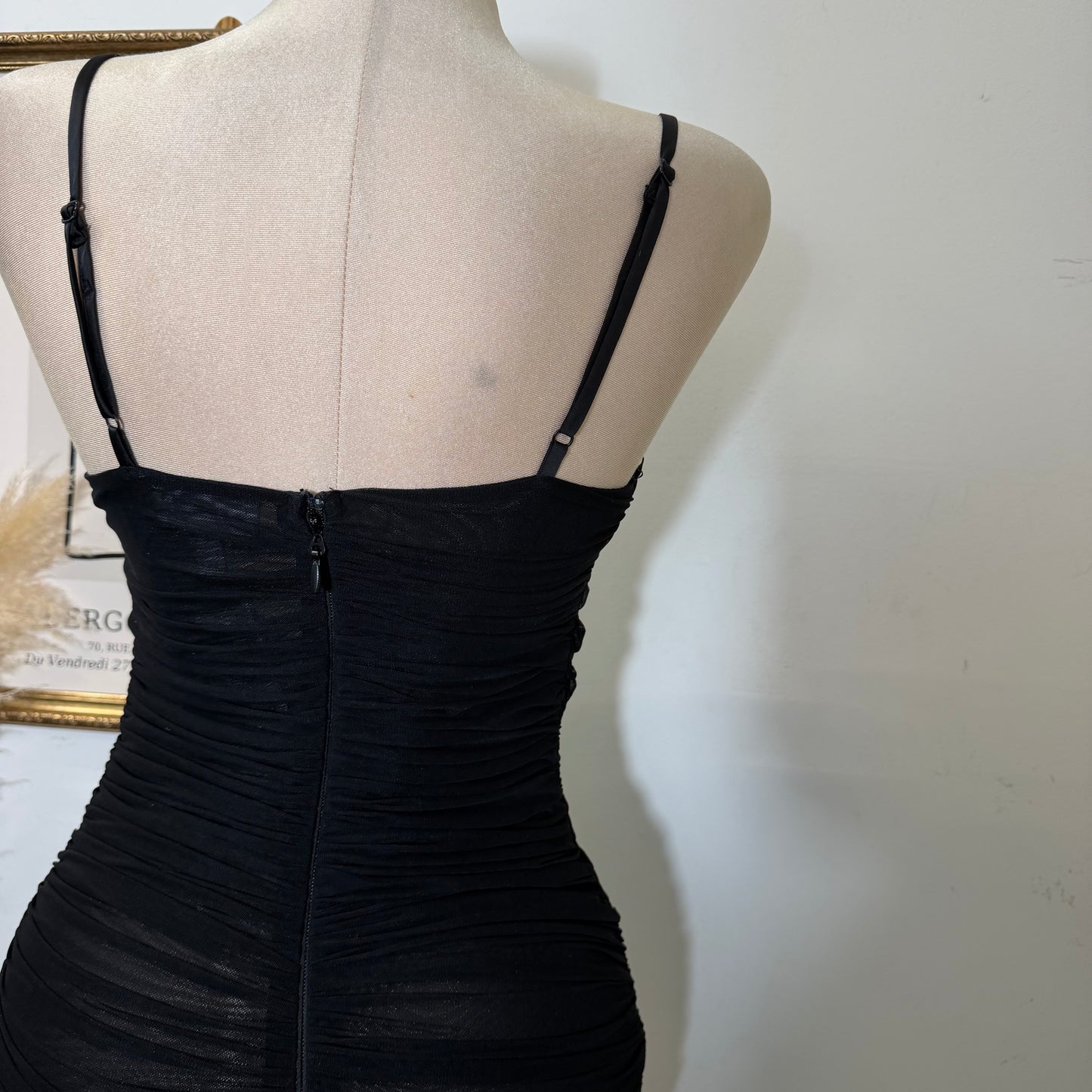 Ruched Mesh Bodycon Midi Dress-Black