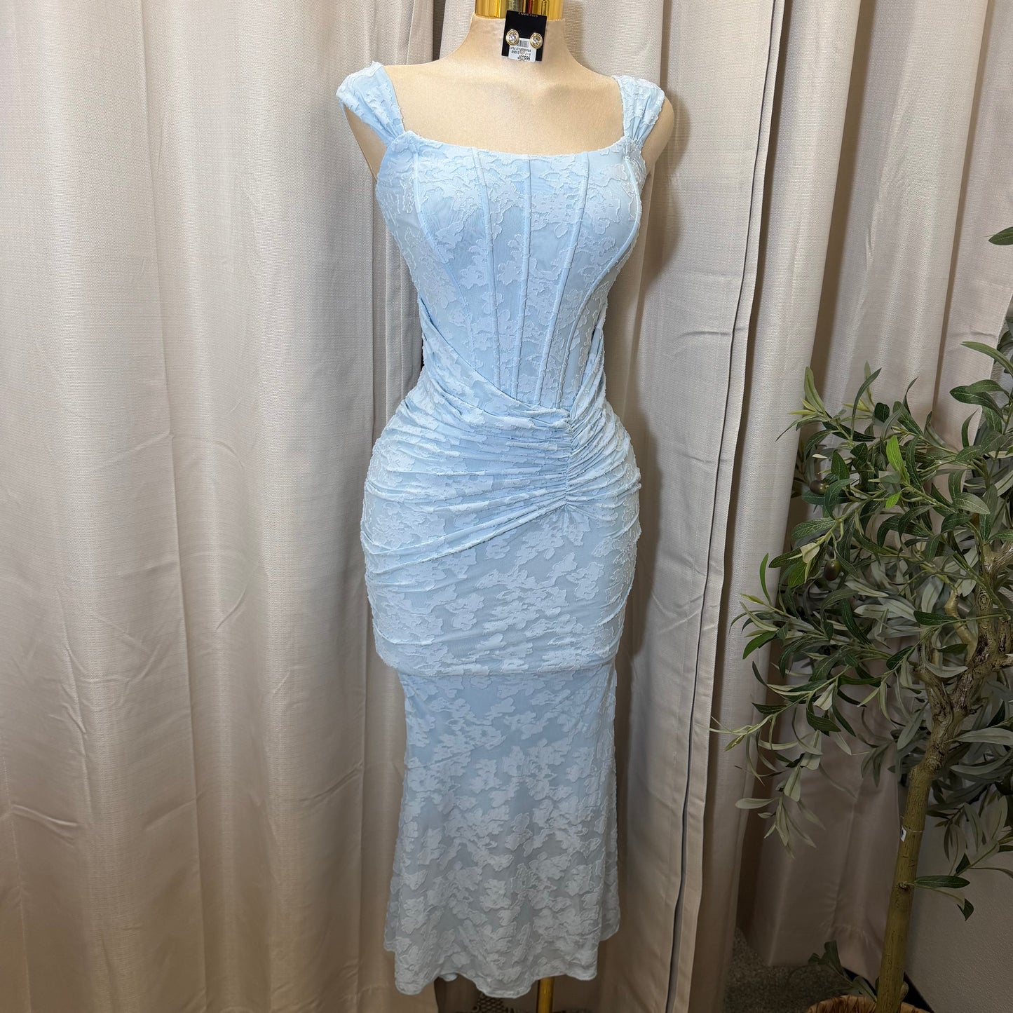 Off Shoulder Ruched Maxi Dress-Baby Blue