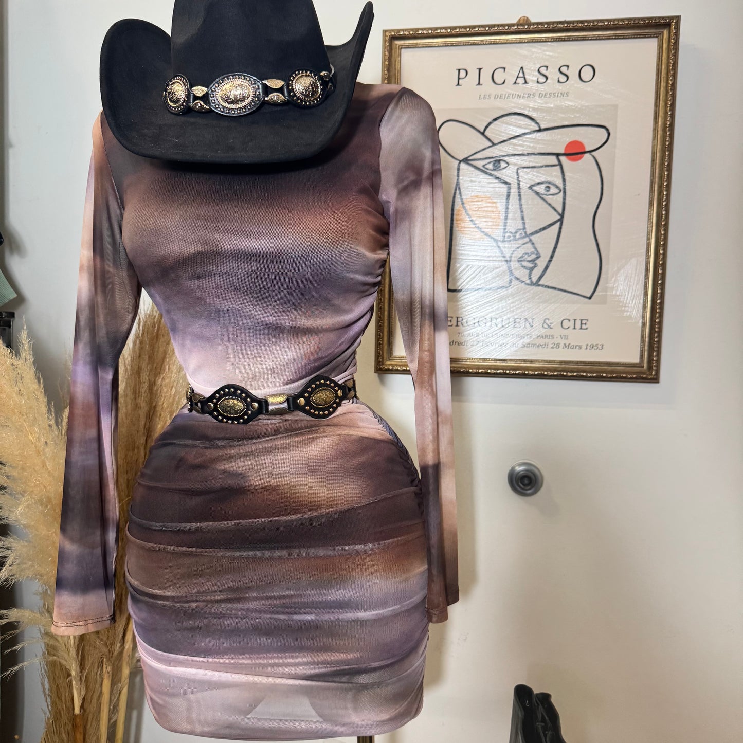 Multi Colored Mesh Long Sleeve Mini Dress-Brown Combo