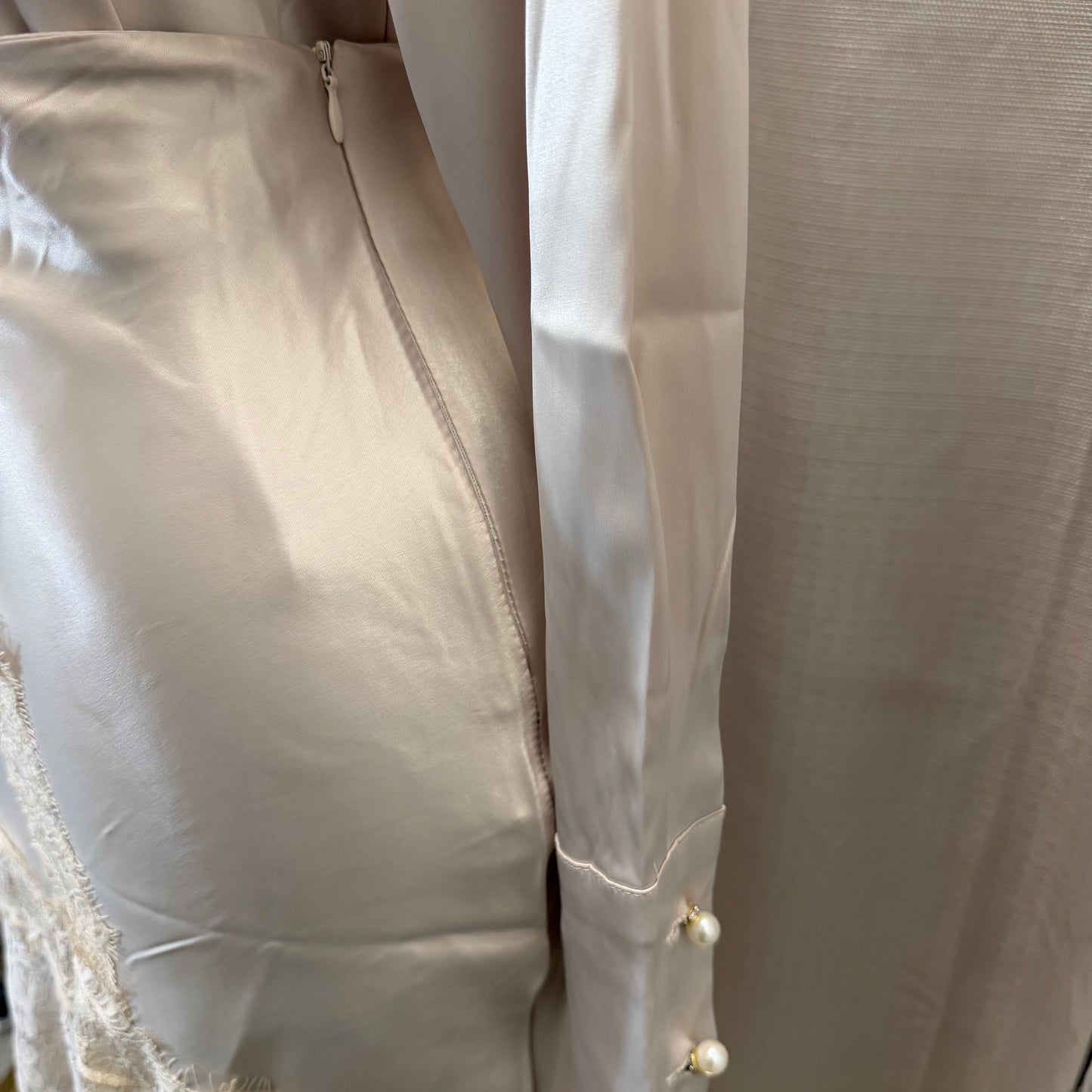 Satin Long Sleeve Top with Lace Skirt-Beige/Cream/White