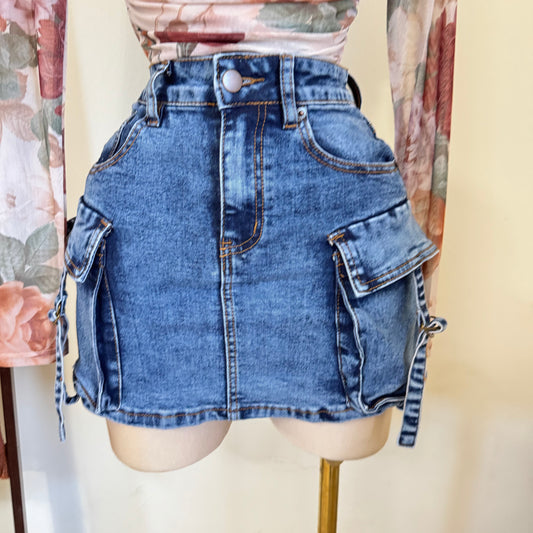 Cargo Denim Mini Skirt-Denim