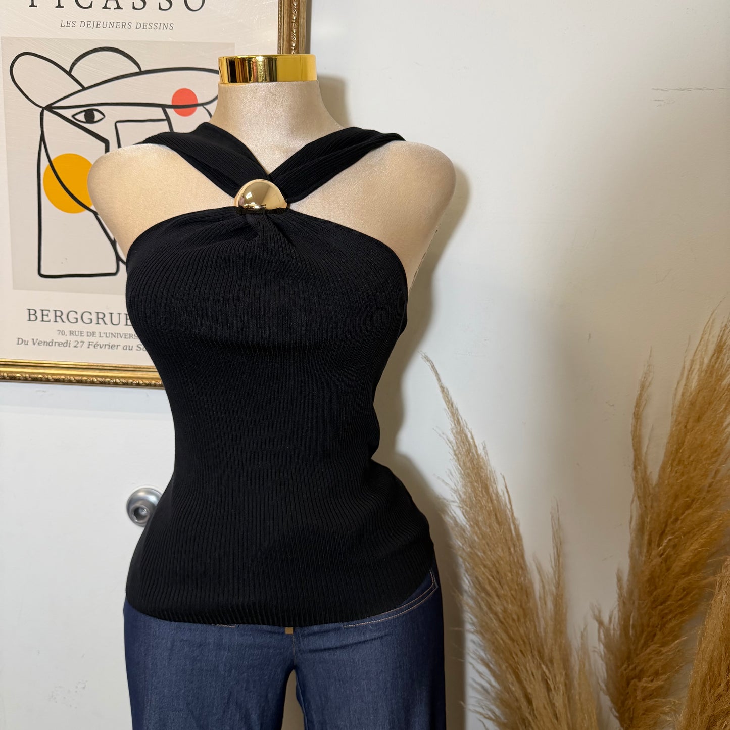 Twist Halter Sweater Top W/ Gold Orb-Black