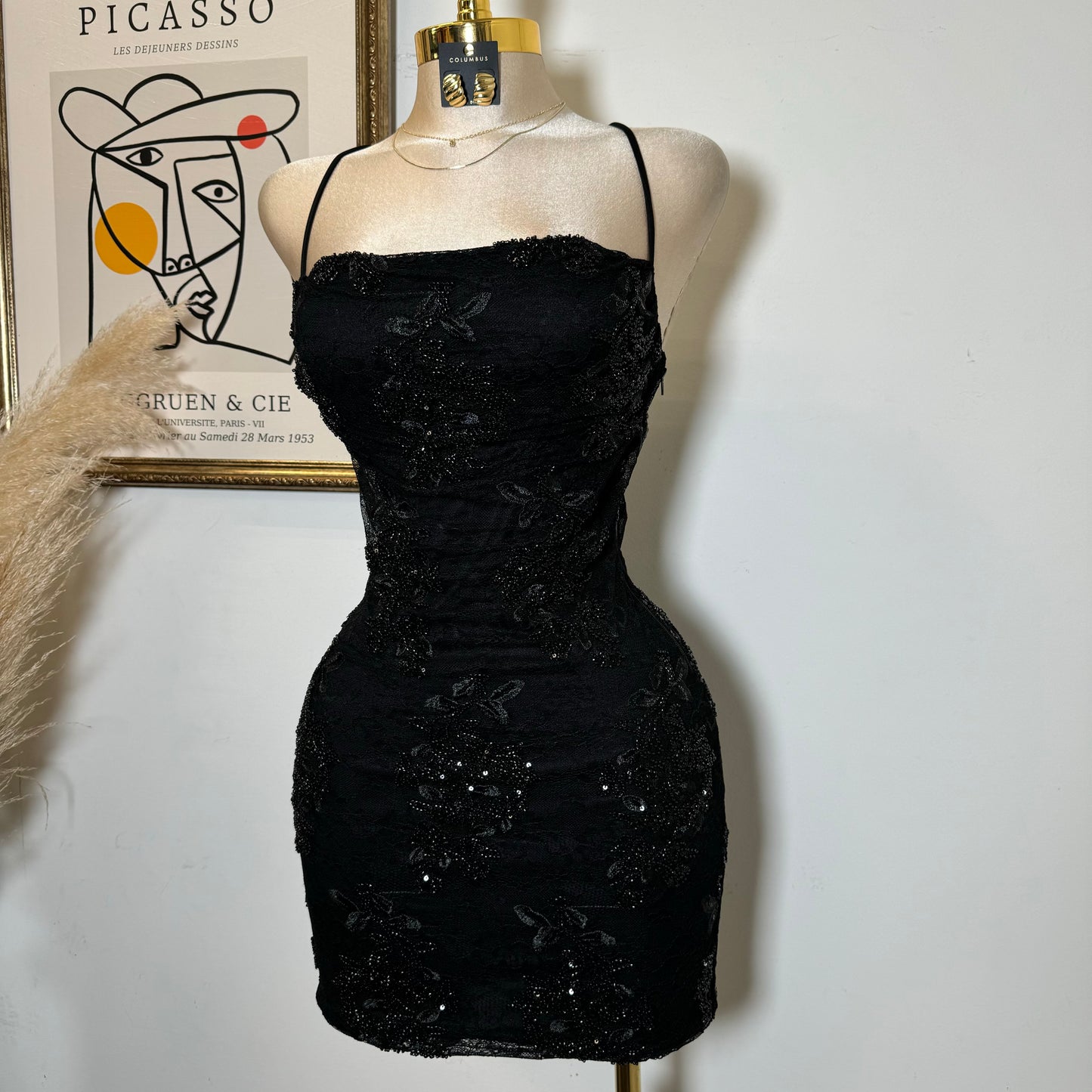 Floral Lace with Bead Cowl Neck Dress-Black