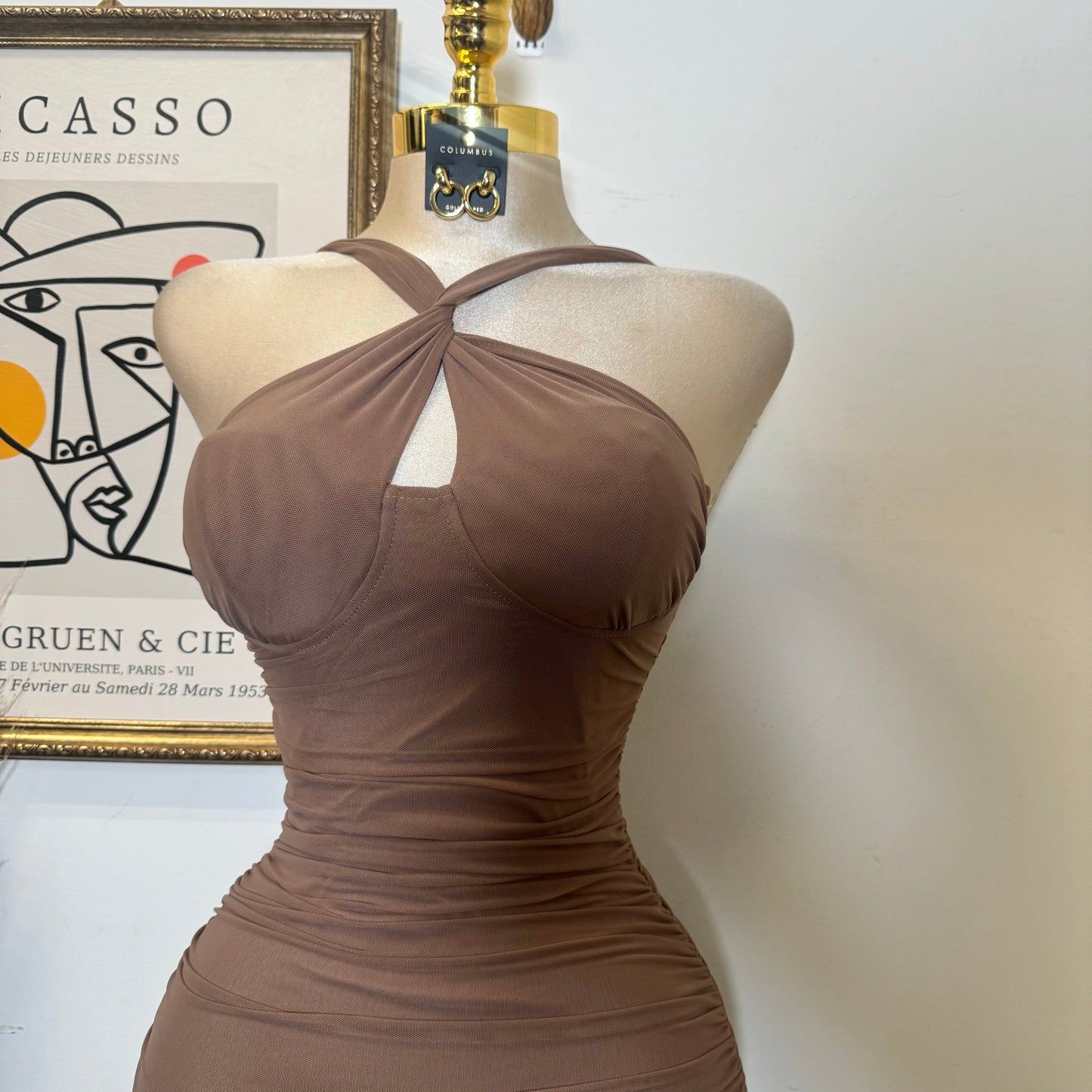 Inara Mesh Twist Halter Neck Midi Dress-Brown