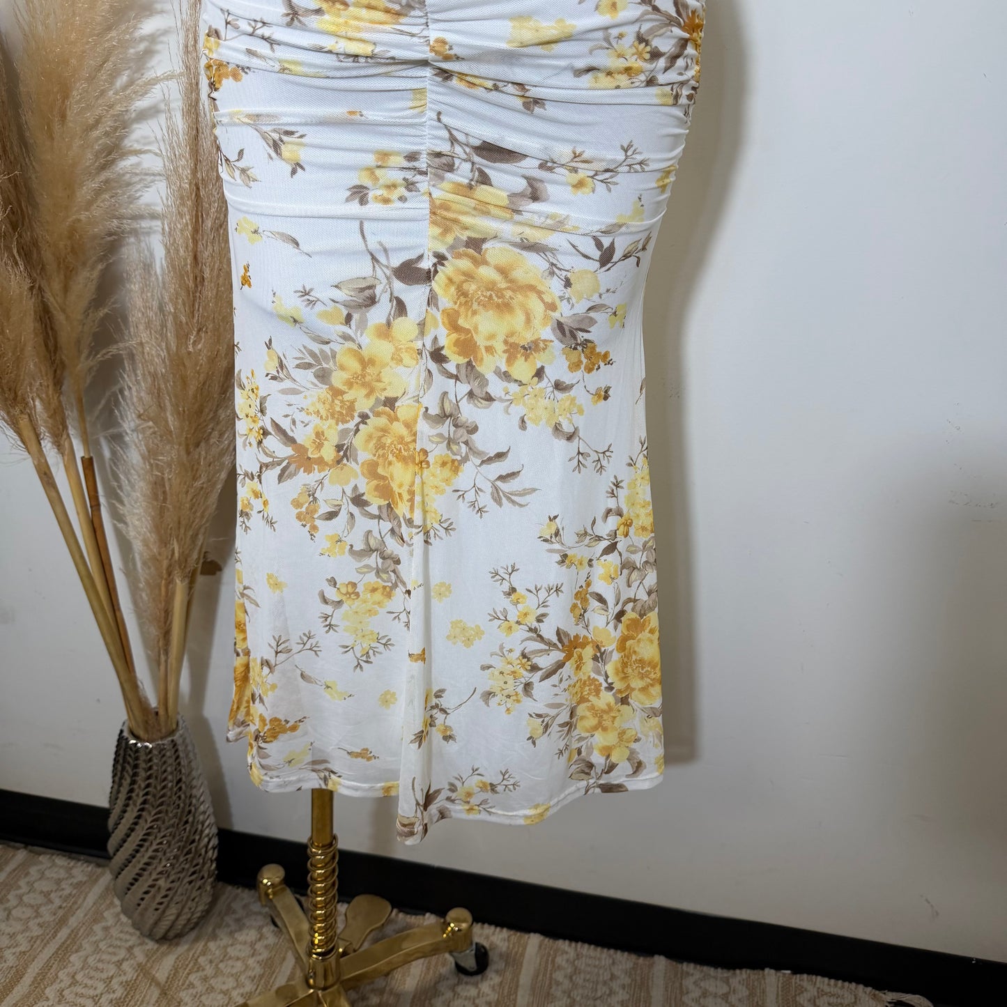 Mesh Print Midi Dress-Yellow Floral