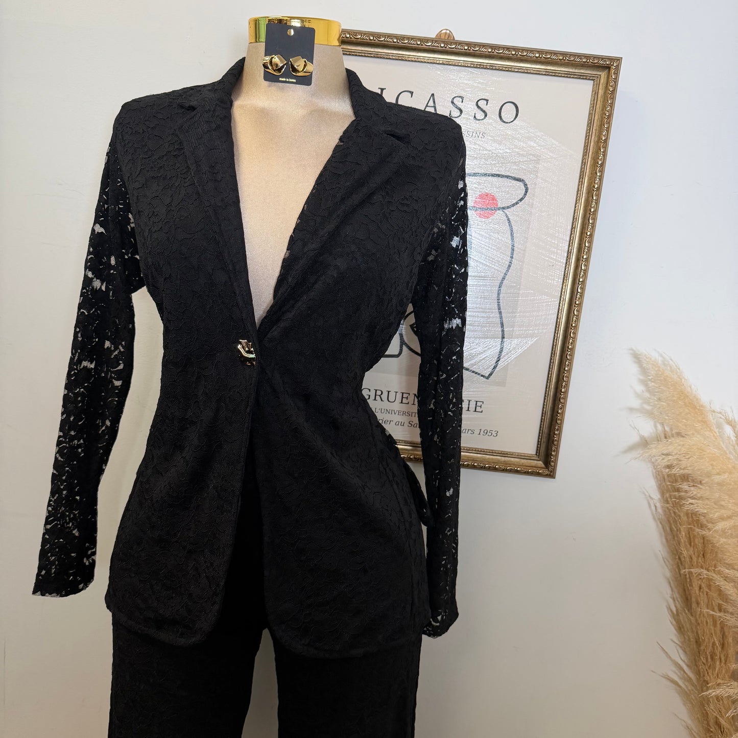 Lace blazer Pant Set -Black