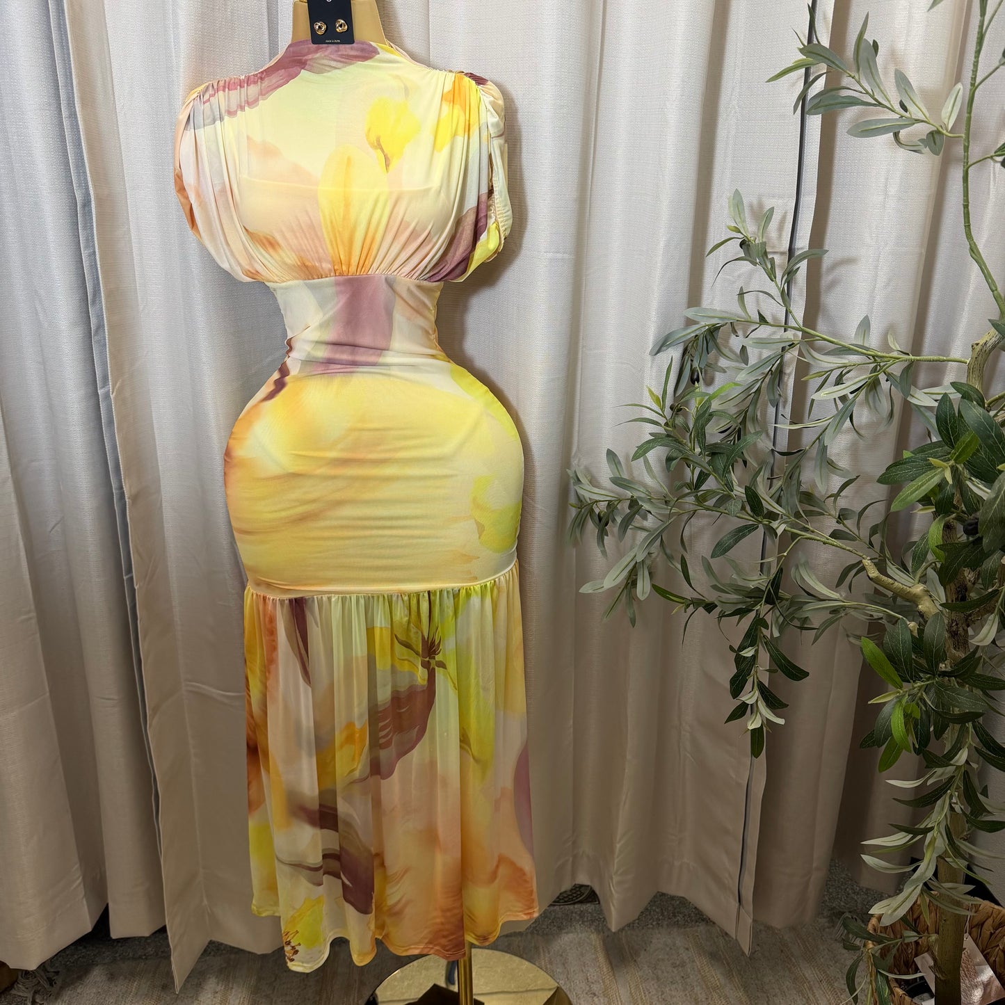 Mesh & Knit Mix Long Dress-Yellow Print