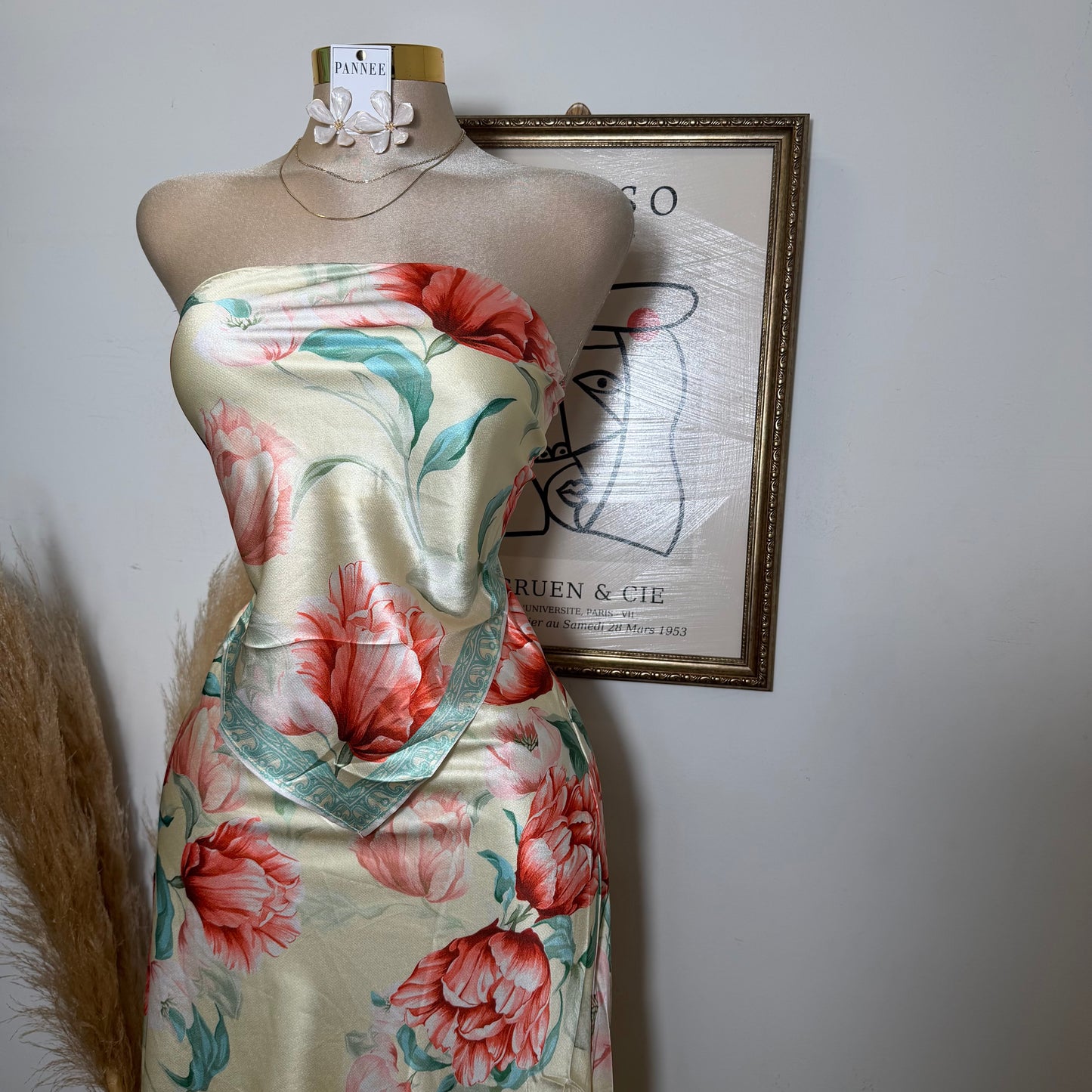 Floral strapless Satin Top and Maxi skirt set-Butter yellow