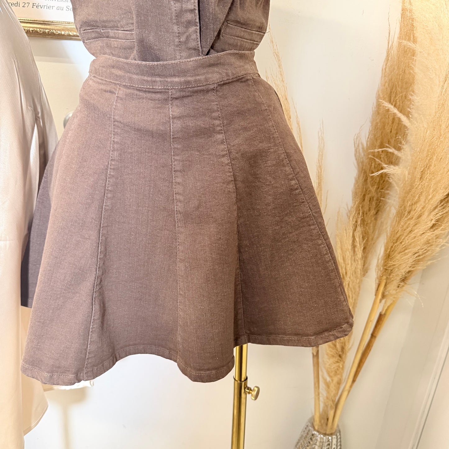 Flare denim Mini Skirt-Brown
