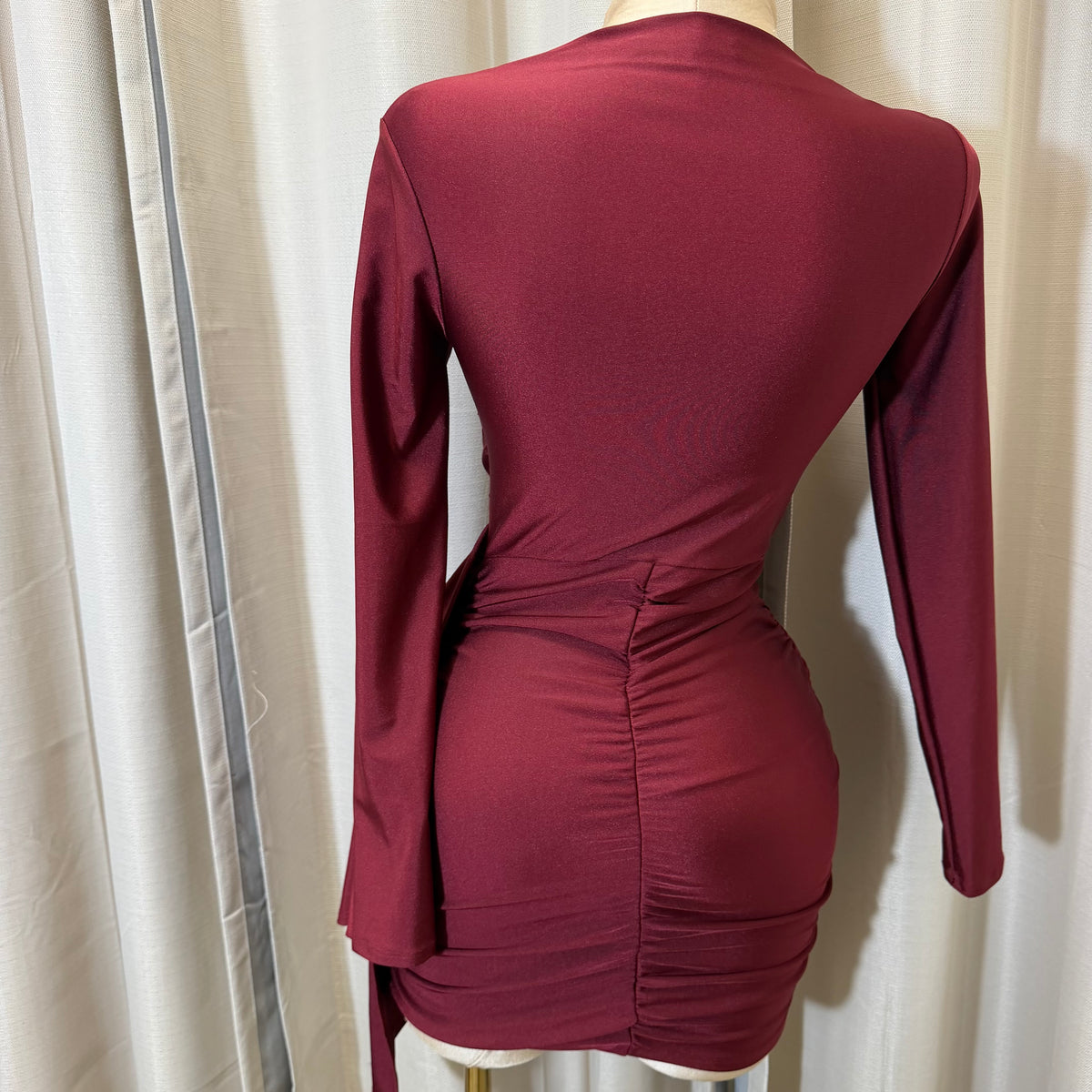 Long Sleeve Mini Dress Mock Neckline-burgundy