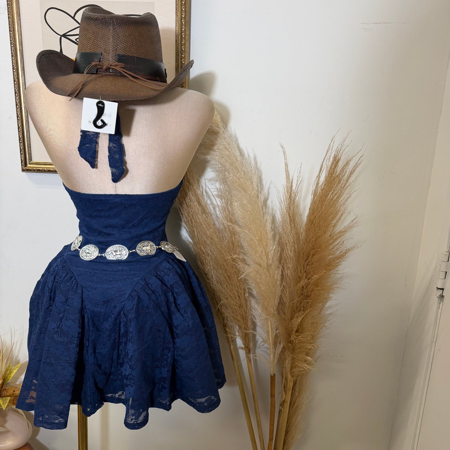 Lace Halter Mini Dress With Flared Skater Skirt-Navy