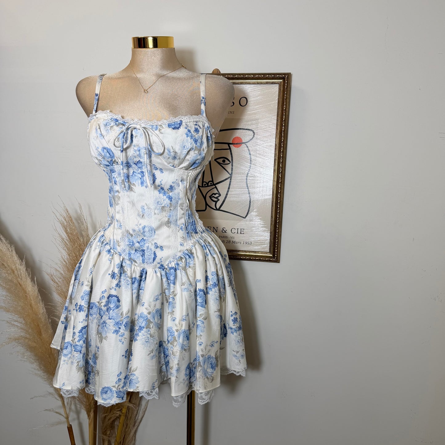 Corset Back Jacquard Mini Dress-Peach/Blue