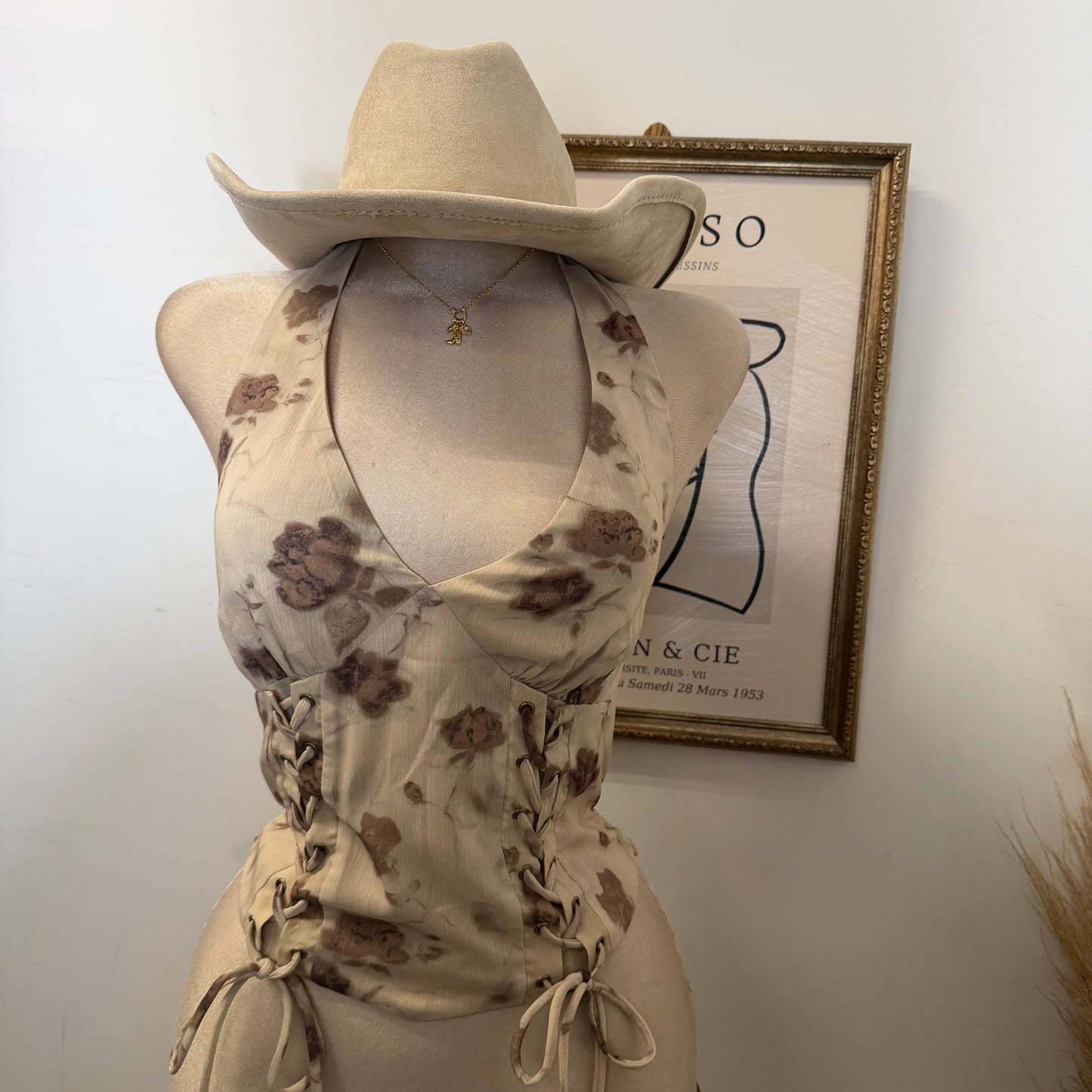 Halter Lace Up Corset Top-Taupe