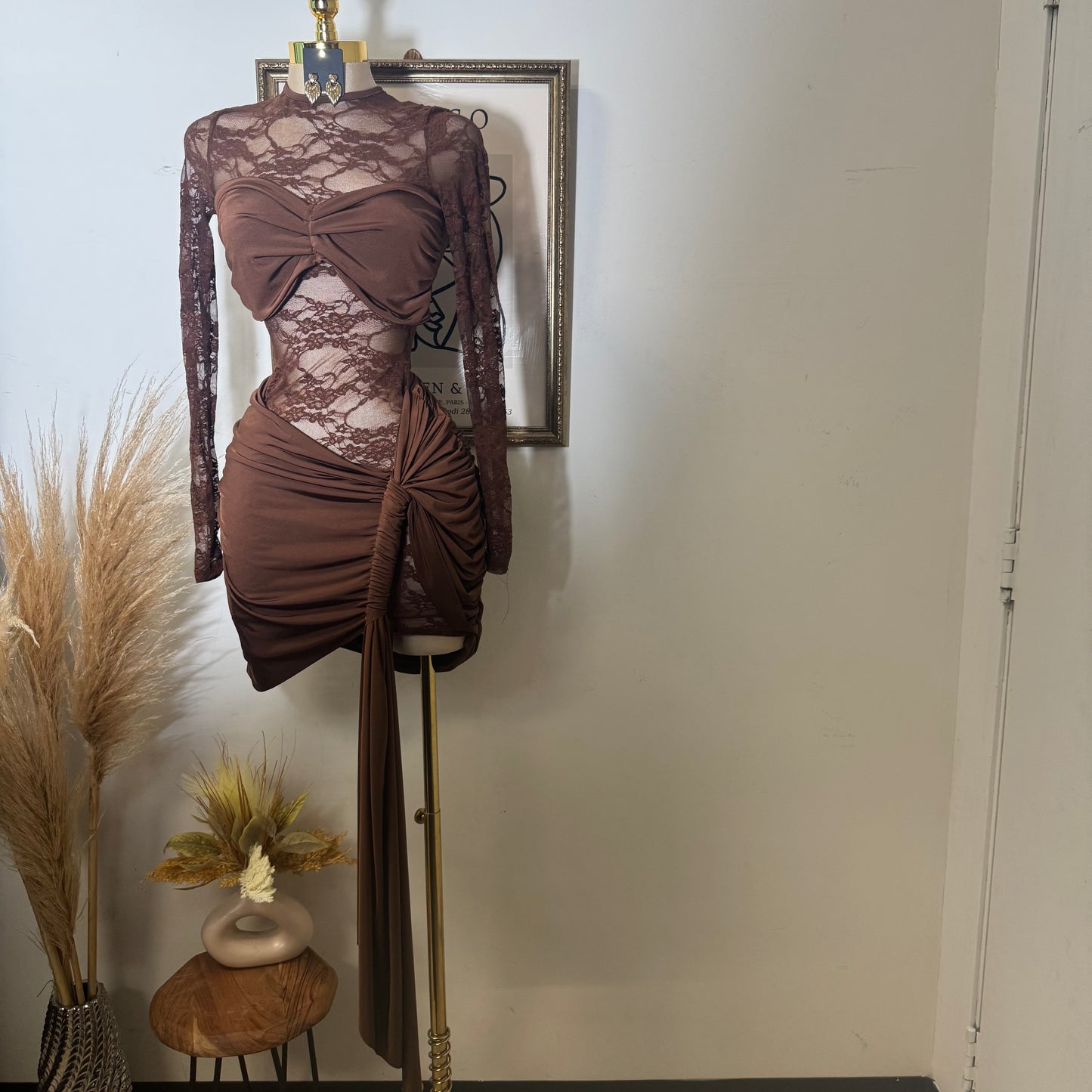 Long sleeve Lace Dress-Brown