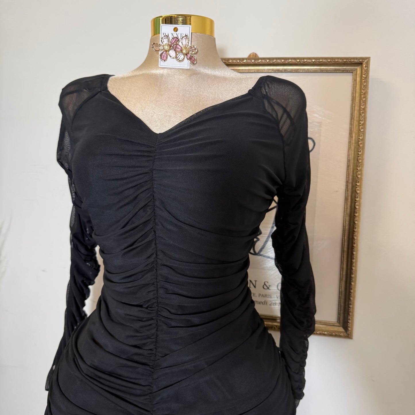Ruched Off Shoulder Mesh Dress-Black