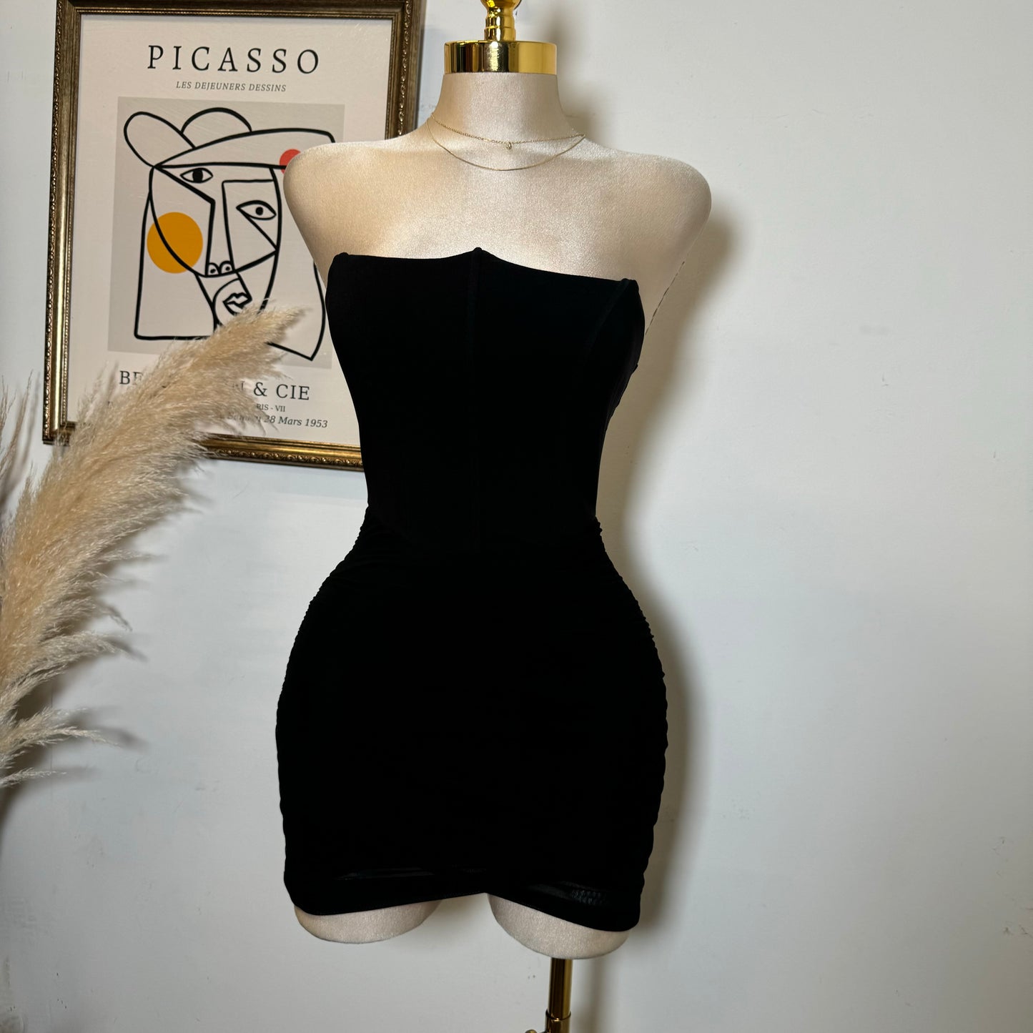 Stretch Woven Corset Detail Mesh Ruched Mini Tube Dress-Black
