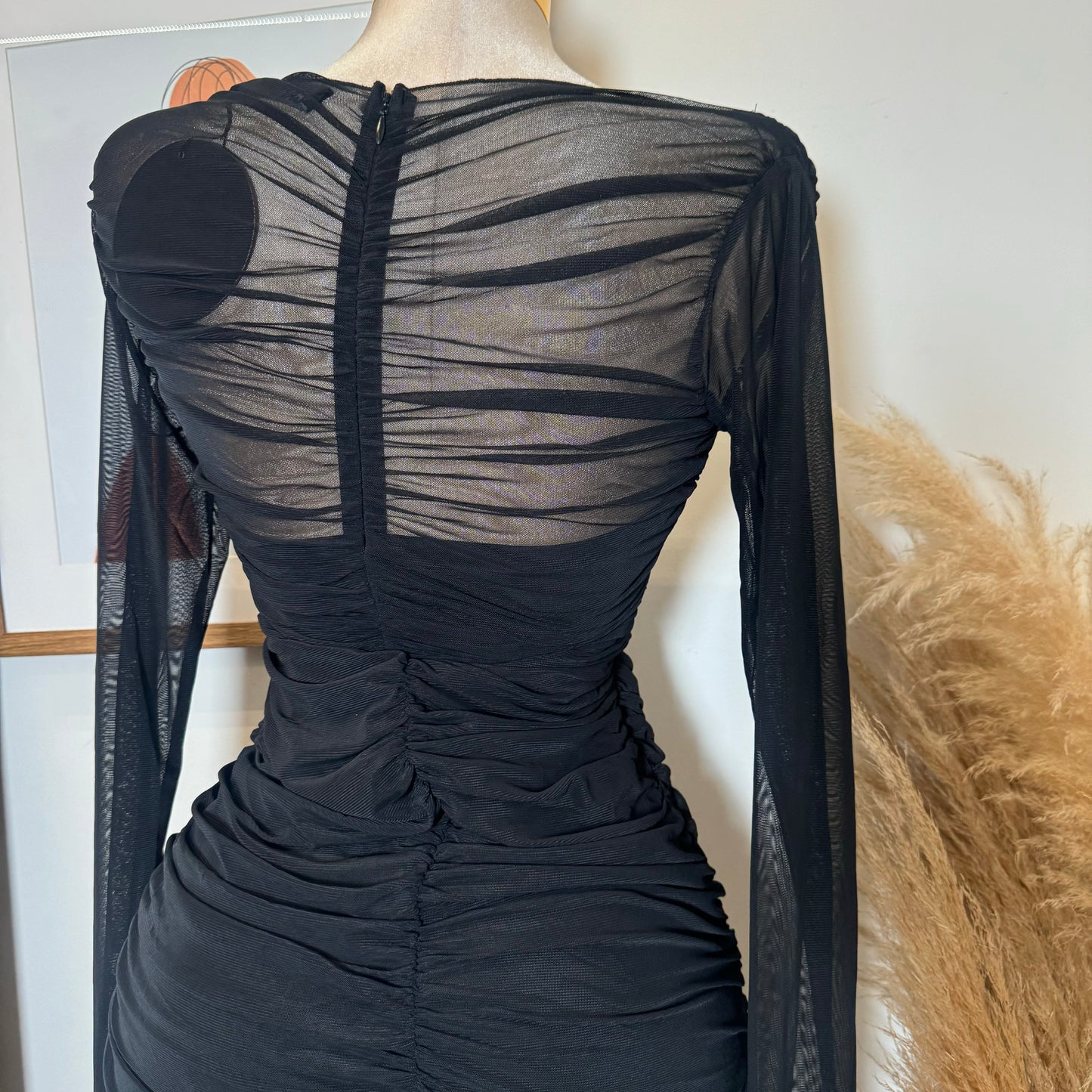 Long Sleeve Mesh Surplus Front Ruched Midi Dress-Black