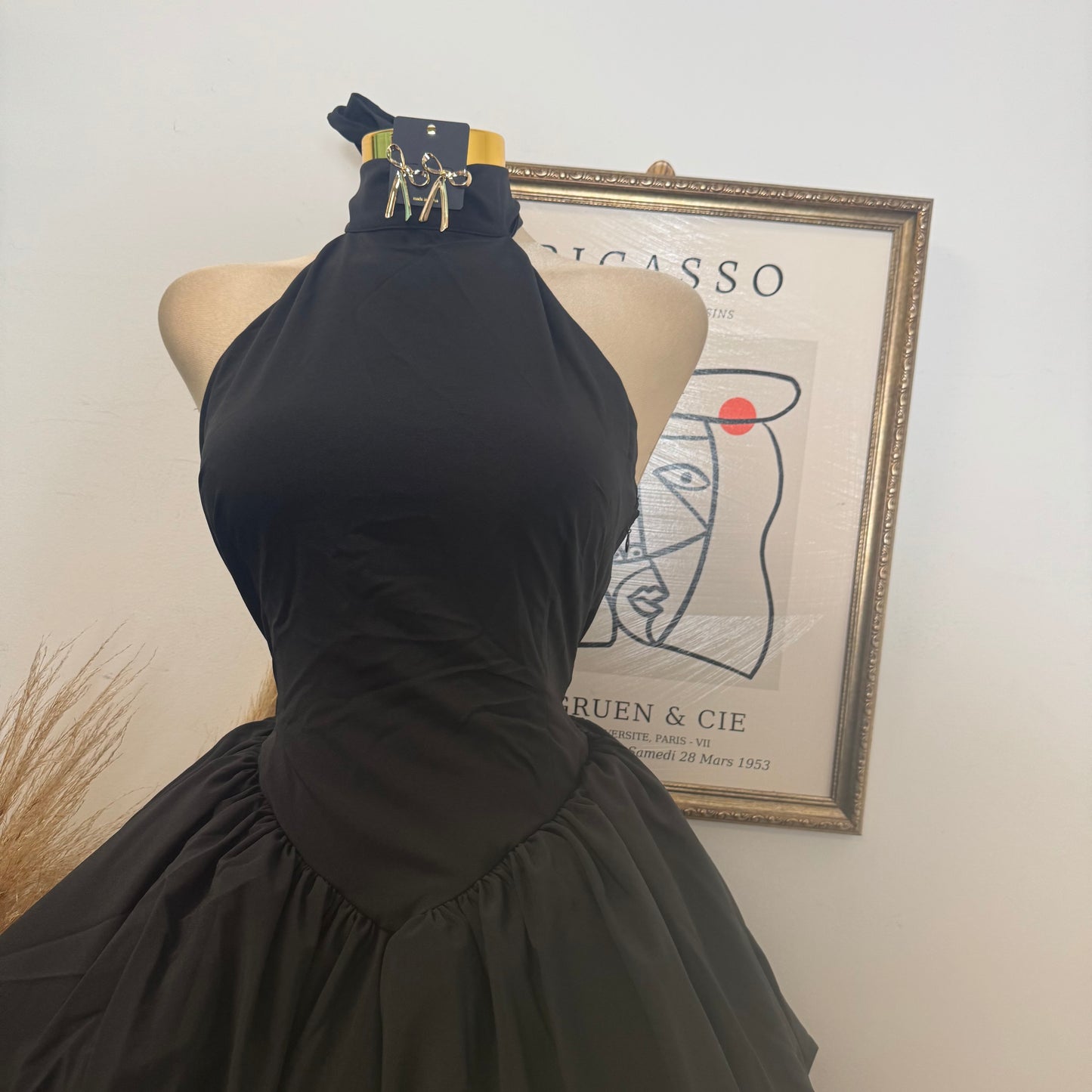 Crepe High Halter Neckline Bow tie Detail Dress-Black