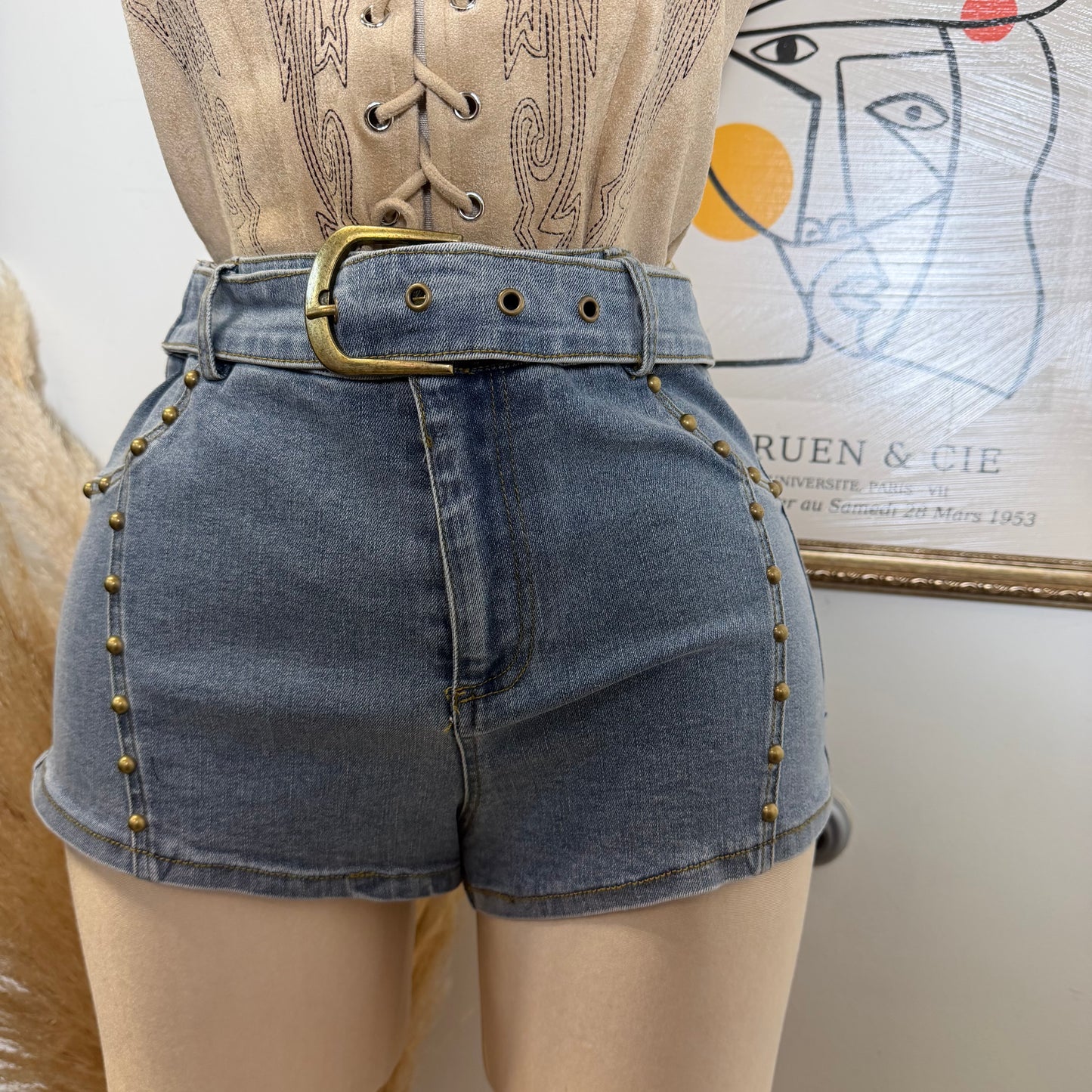 Stretch Denim Shorts with belt included-Denim