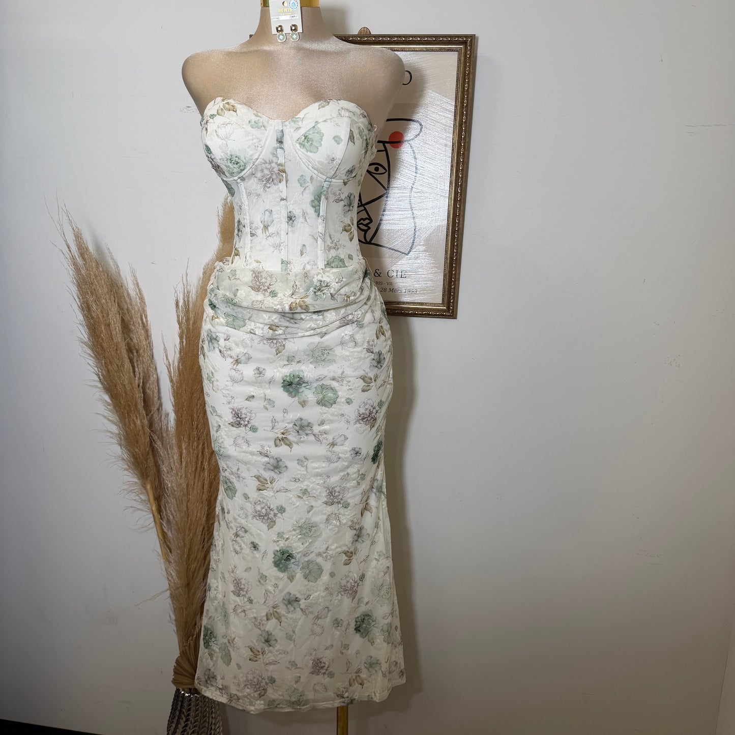 Strapless Floral Print Corset Midi Dress-Green Multi