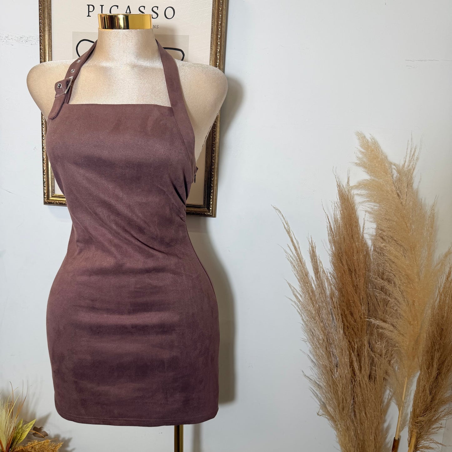 Halter Neck Suede Mini Dress-Brown