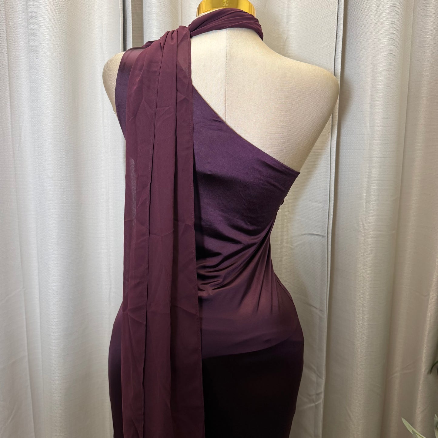 Pearl Satin with Chiffon Sash one Shoulder Dress-Plum