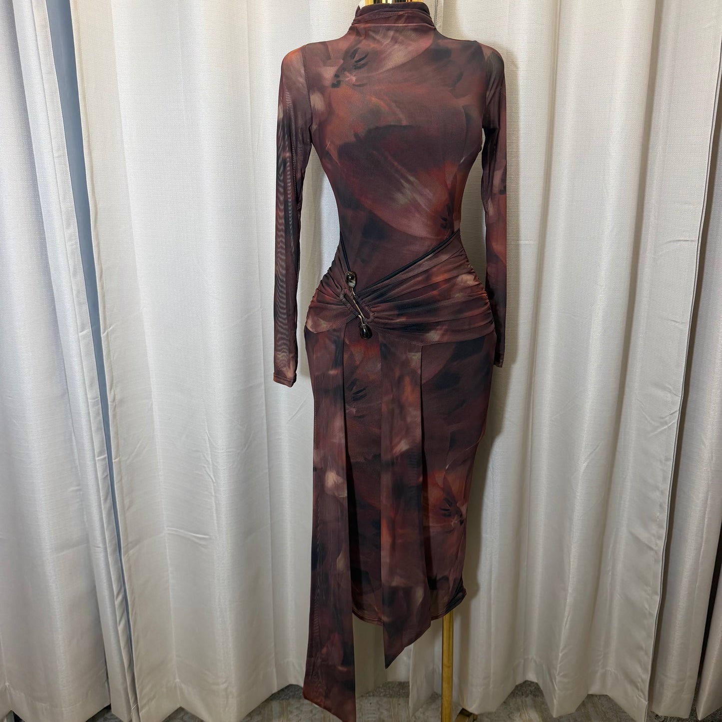 Long sleeve Front Sash Midi Dress-Multi Colored