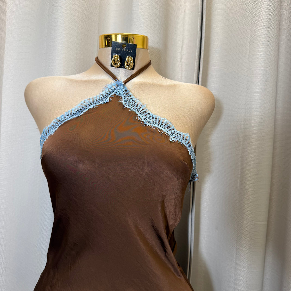 Contrast Lace Trim Satin Halter Jumpsuit-Brown/Blue